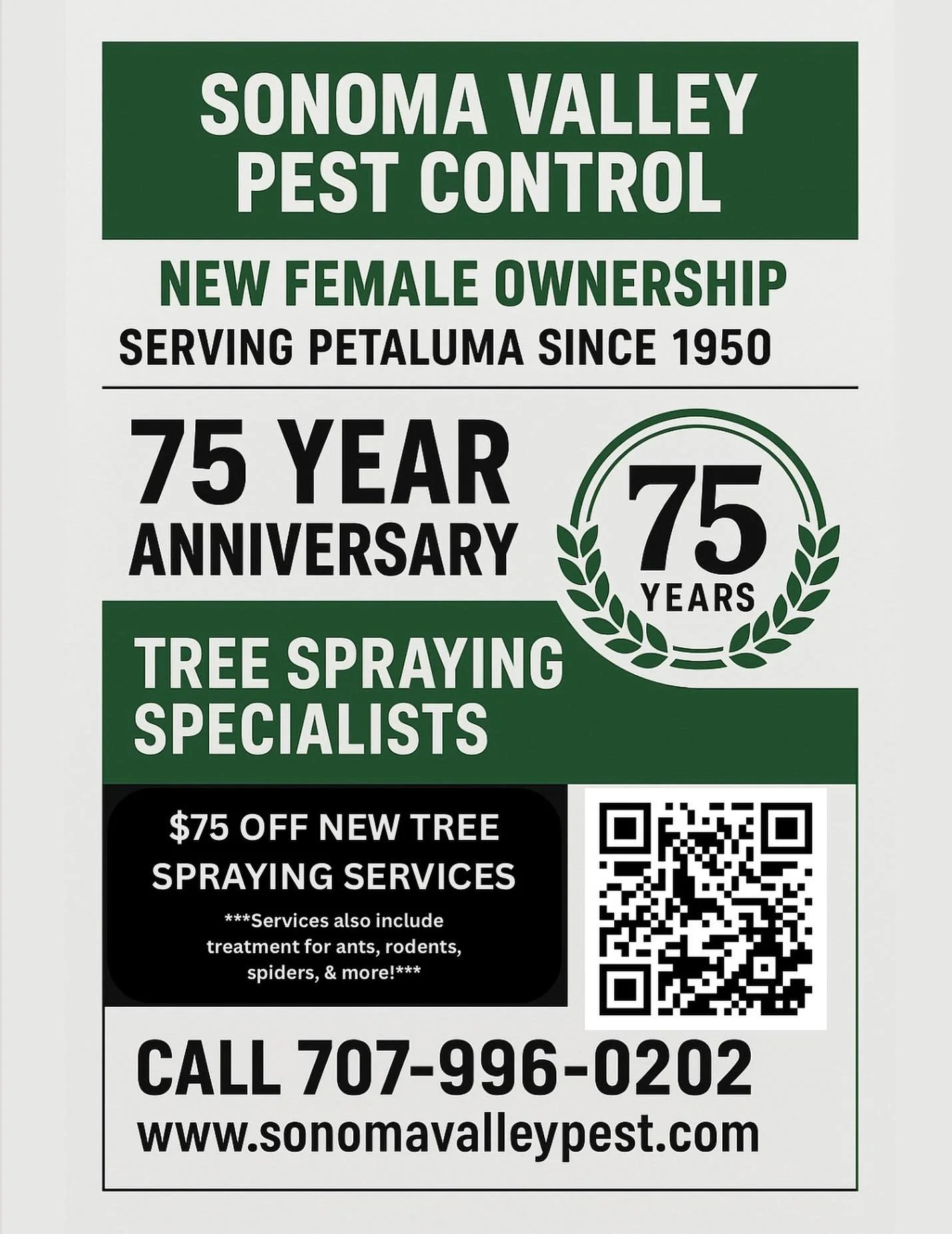 🌳✨ Protect your trees &amp; your home this season!
Sonoma Valley Pest Control is offering $75 OFF new tree spraying services &mdash; keeping your property healthy and pest-free.

🕷️ Our treatments also cover ants, rodents, spiders &amp; more!
📍 Pr