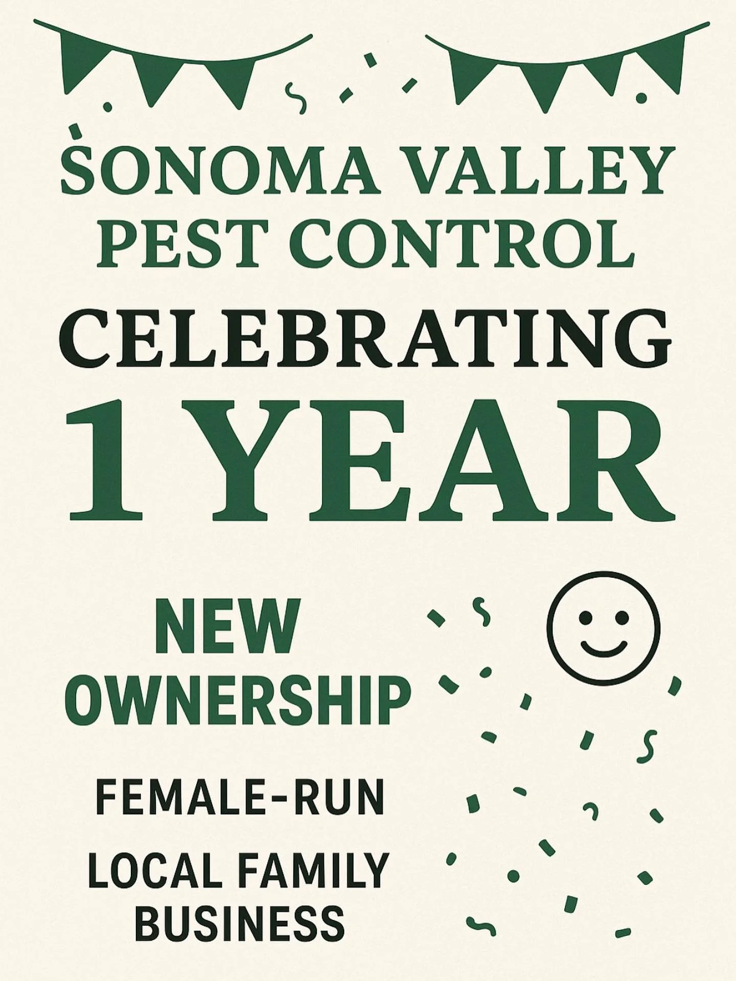 🎉 Celebrating 1 year of new ownership at Sonoma Valley Pest Control! 🥳
Proud to be a female-run, local family business serving our community since 1950. 💚
Thank you for trusting us to protect your homes and businesses &mdash; here&rsquo;s to many 