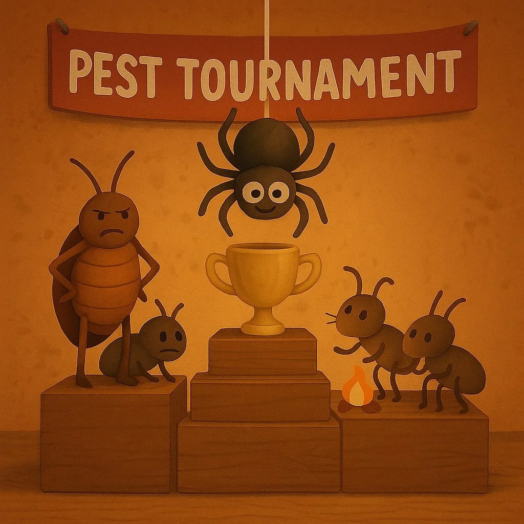 🏆 Pest Tournament: Battle for the Most Damaging Pest!
They may all be tiny, but the damage sure isn&rsquo;t 
🐜 Ants &ndash; persistent snack stealers (make nests) 
🕷️ Spiders &ndash; creepy but mostly harmless (make webs)
🪳 Roaches &ndash; the dr