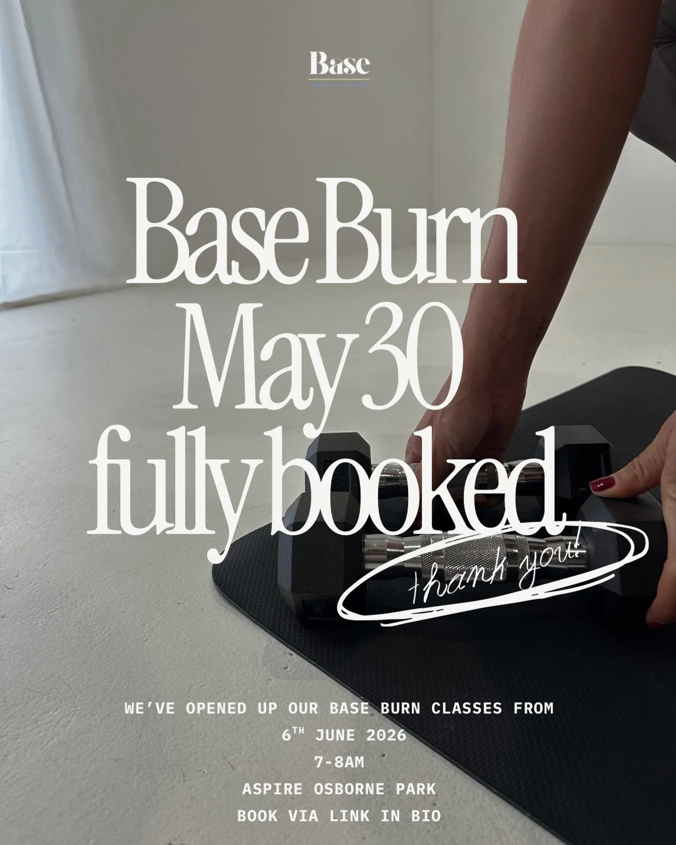 BASE BURN - FIRST CLASS FULLY BOOKED 🔥

We are pleased to announce that our first Base Burn class is FULLY BOOKED.

Seeing the support has meant so much, and we are excited to announce we&rsquo;ve opened our BASE BURN Mat Pilates classes from June 6