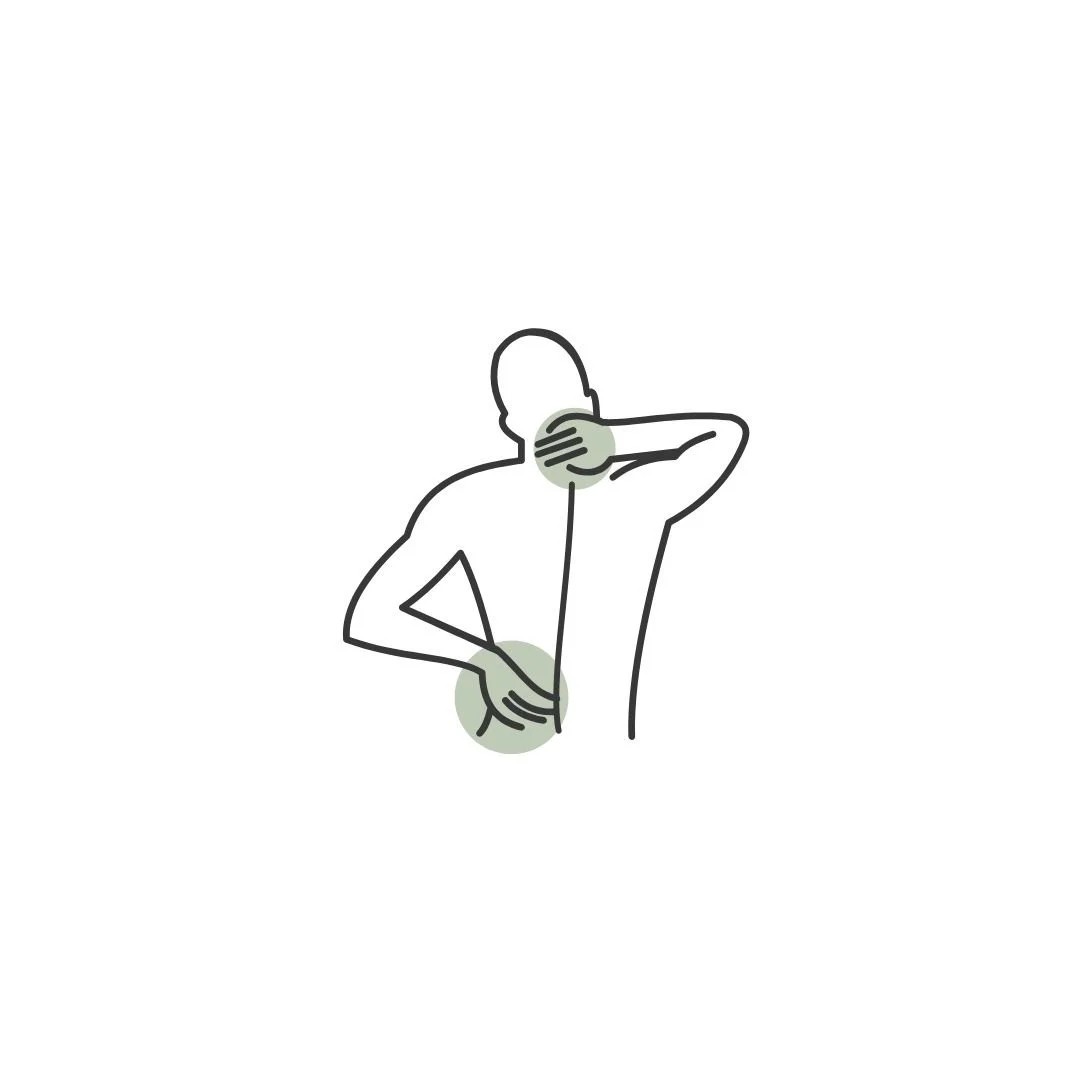 Minimalist line drawing of a person with hands placed on neck and lower back, indicating massage or muscle relief.