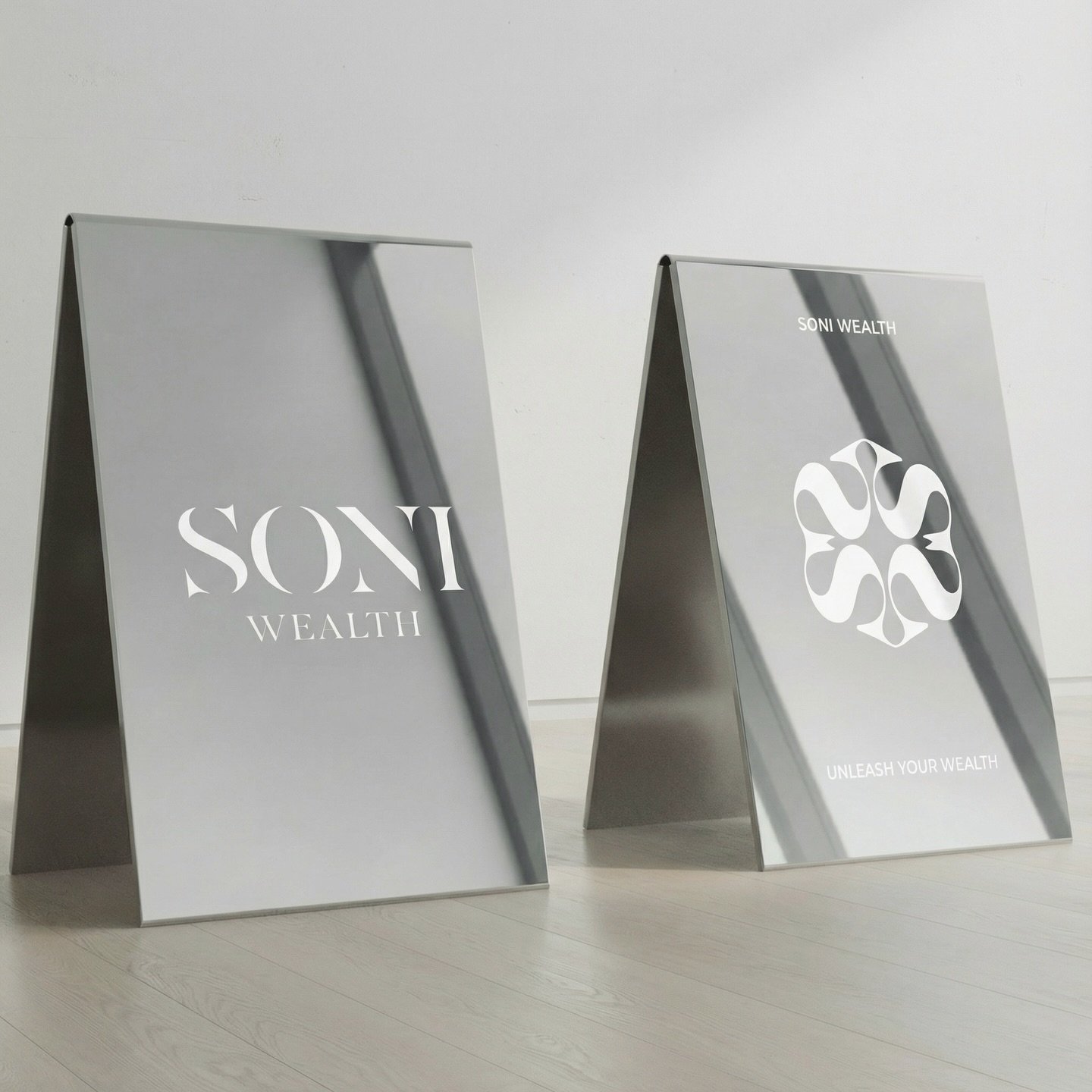 Custom mirrored A-Frame mock up for Soni Wealth rebrand 2026