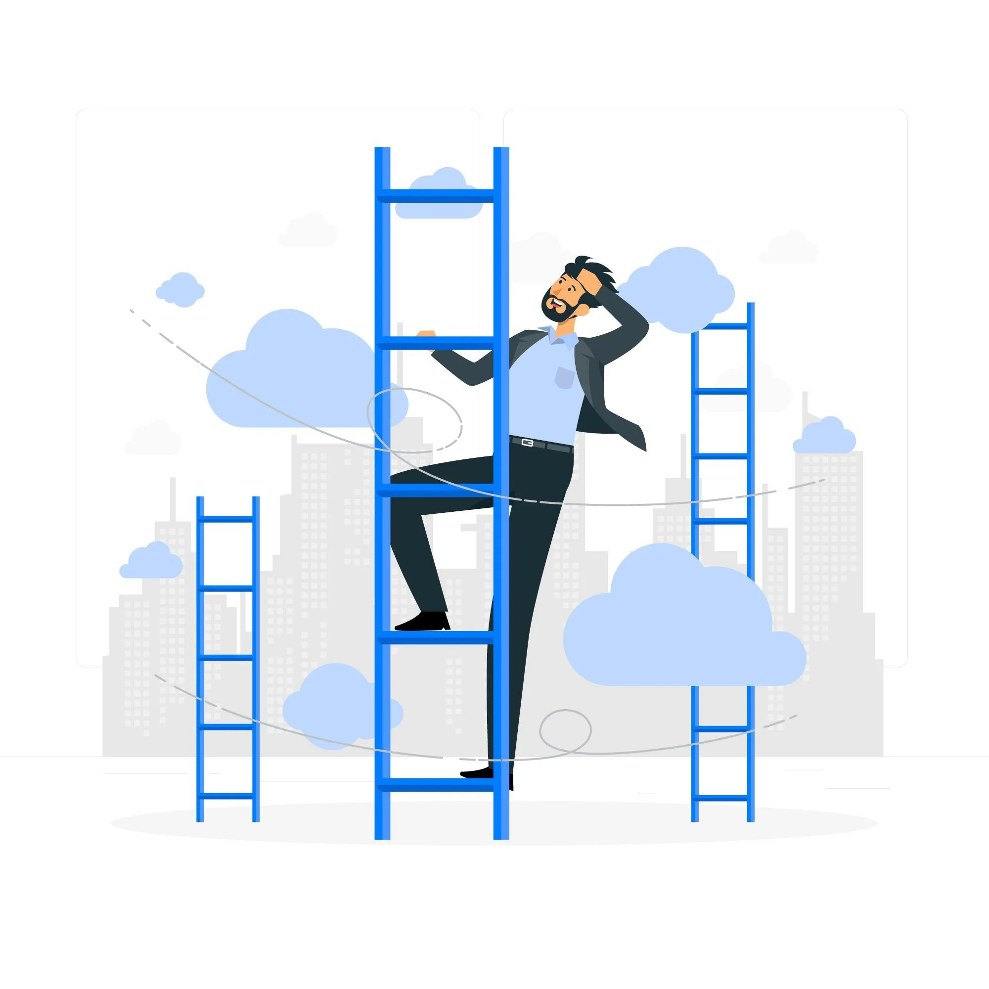 Illustration of a man climbing a blue ladder among clouds with a city skyline in the background.