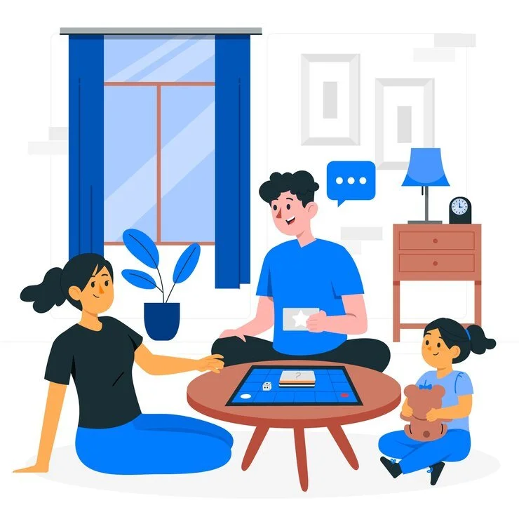 Illustration of a family playing a board game in a living room with a window, blue curtains, and a potted plant; a child holds a teddy bear.