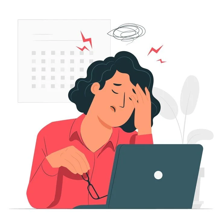Illustration of a person sitting at a desk, looking stressed while holding their head and glasses, with a laptop in front and a calendar on the wall.