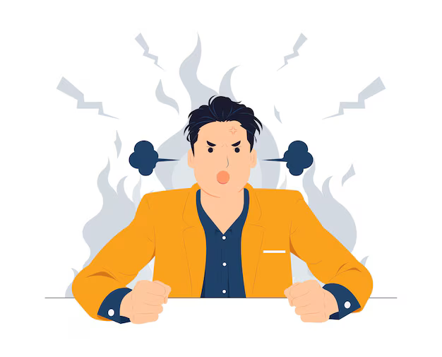 Illustration of an angry man with steam coming out of his ears, wearing an orange jacket, with fists clenched and smoke in the background.