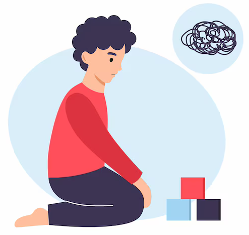 Illustration of a person sitting on the floor with stacked blocks, thinking with a scribble bubble above their head.