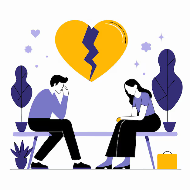 Illustration of a sad couple sitting on a bench under a broken heart symbol, with plants and abstract elements in the background.