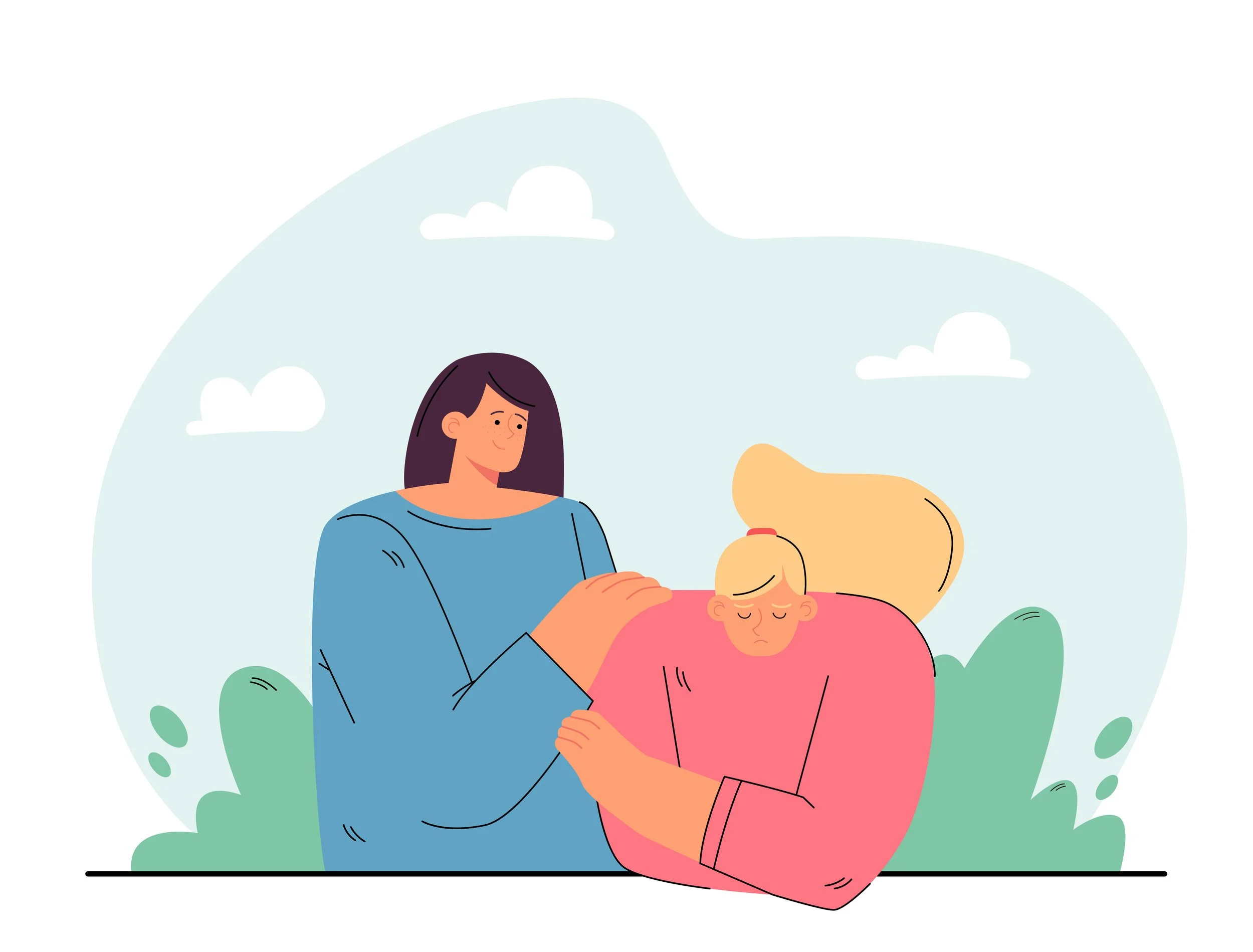 Illustration of a person comforting another who looks upset, both surrounded by greenery and clouds.