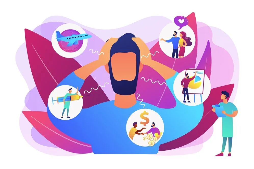 Illustration of overwhelmed person surrounded by icons representing travel, work, relationships, sports, and finances, symbolizing stress.