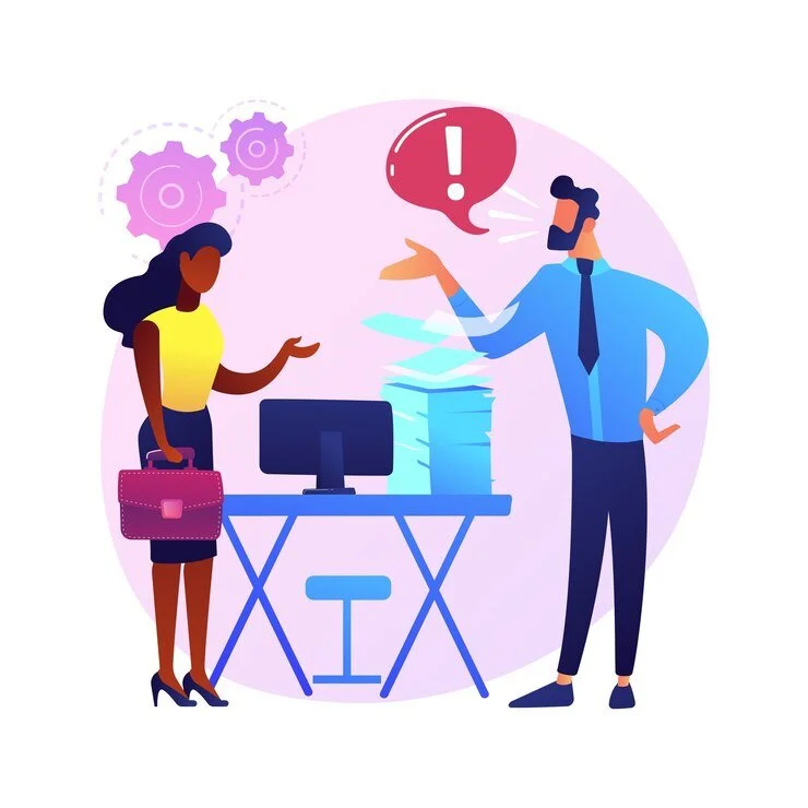 Illustration of two office workers discussing. A woman holds a briefcase while a man points to stacked documents on a desk with a computer. Speech bubble with exclamation mark overhead.