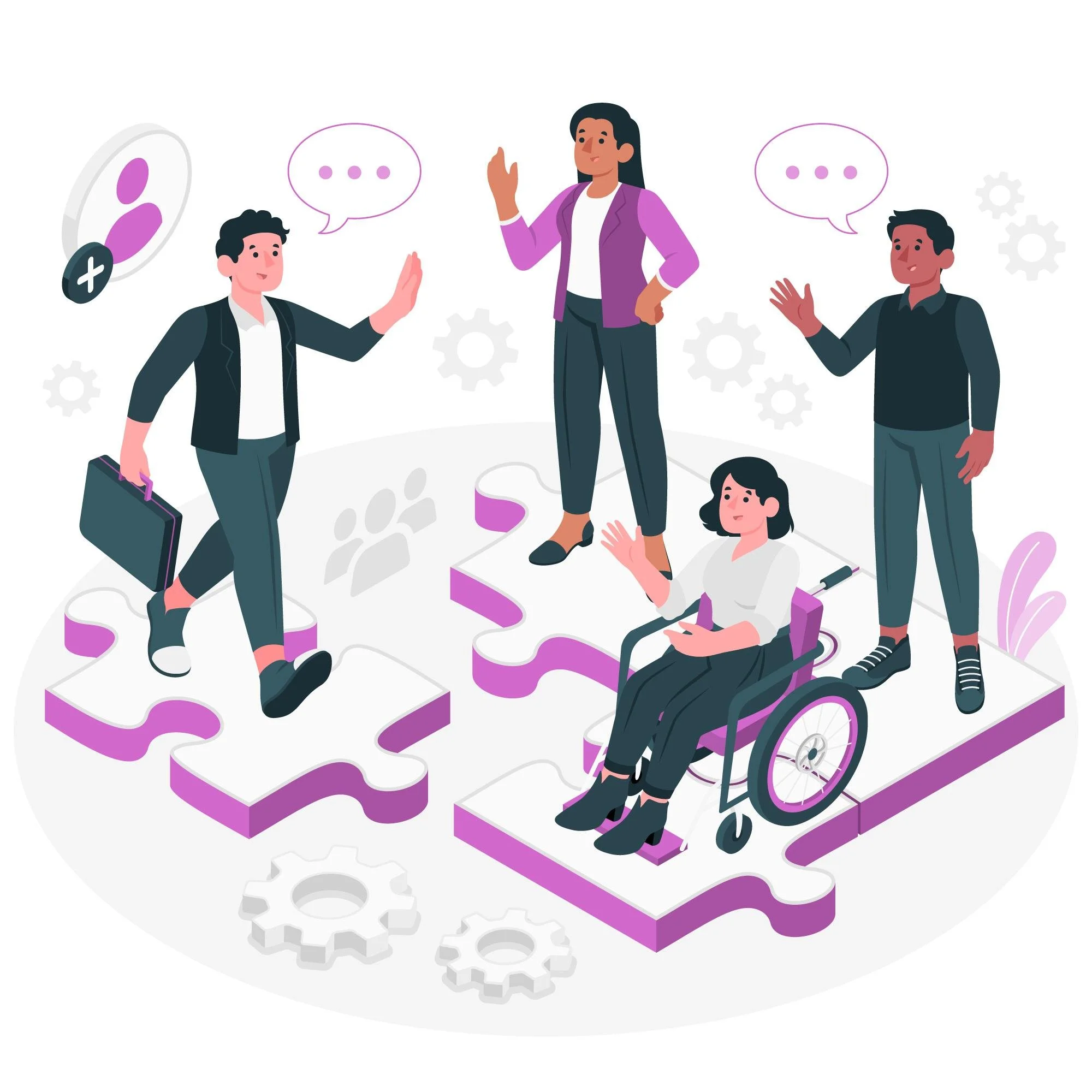 Illustration of diverse people interacting on oversized puzzle pieces, depicting teamwork and inclusion. One person uses a wheelchair, another carries a briefcase, all are engaged in conversation. Gears and speech bubbles in the background.