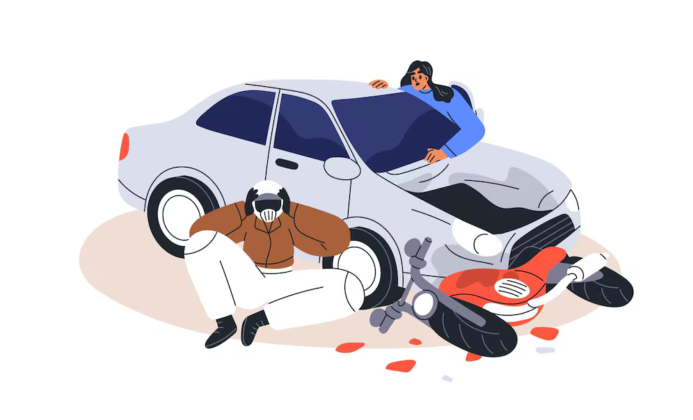 Illustration of a motorcycle accident with a person sitting beside a crashed motorbike and a car, appearing distressed.