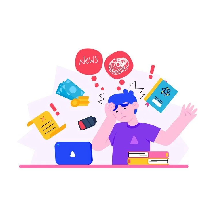 Illustration of a stressed person sitting at a desk with a laptop and books, surrounded by floating icons of news, tangled thoughts, money, documents, a battery, and a notebook.