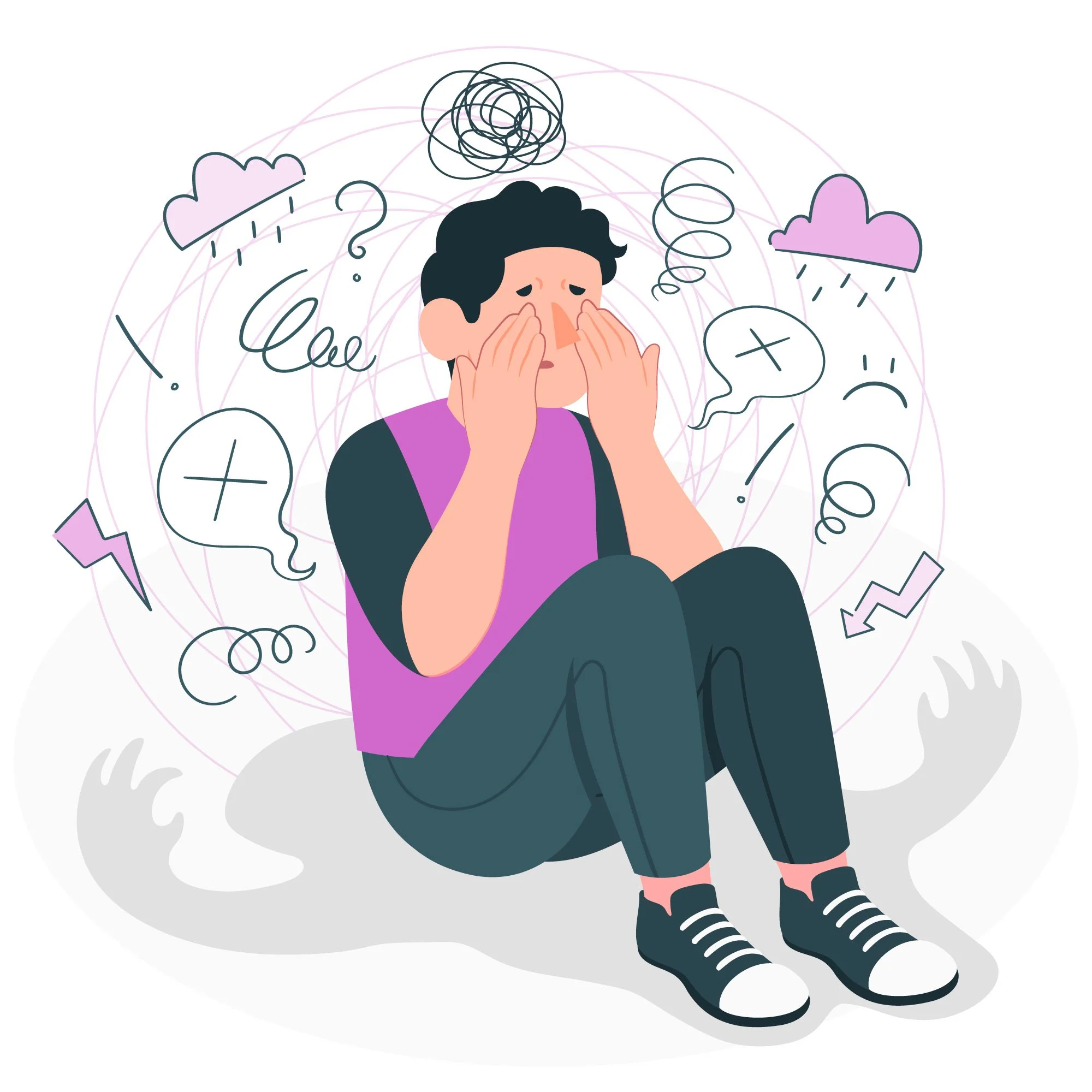 Illustration of a person sitting with hands on face, surrounded by storm clouds, scribbles, and question marks, depicting stress or anxiety.