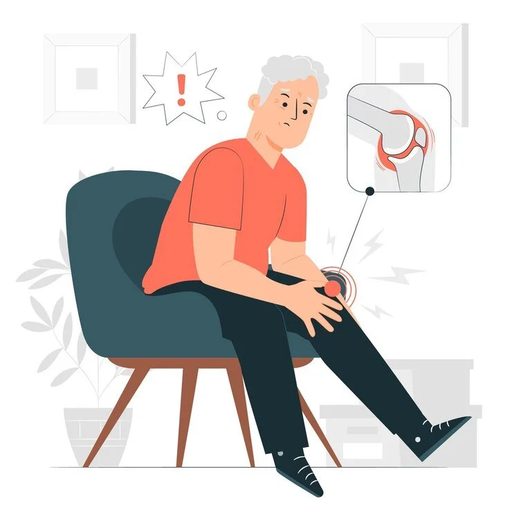 Illustration of an elderly man sitting on a chair, holding his knee in pain, with a diagram showing knee joint inflammation.