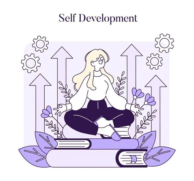 Illustration of a woman meditating on stacked books with flowers, gears, and upward arrows around her, symbolizing self-development.