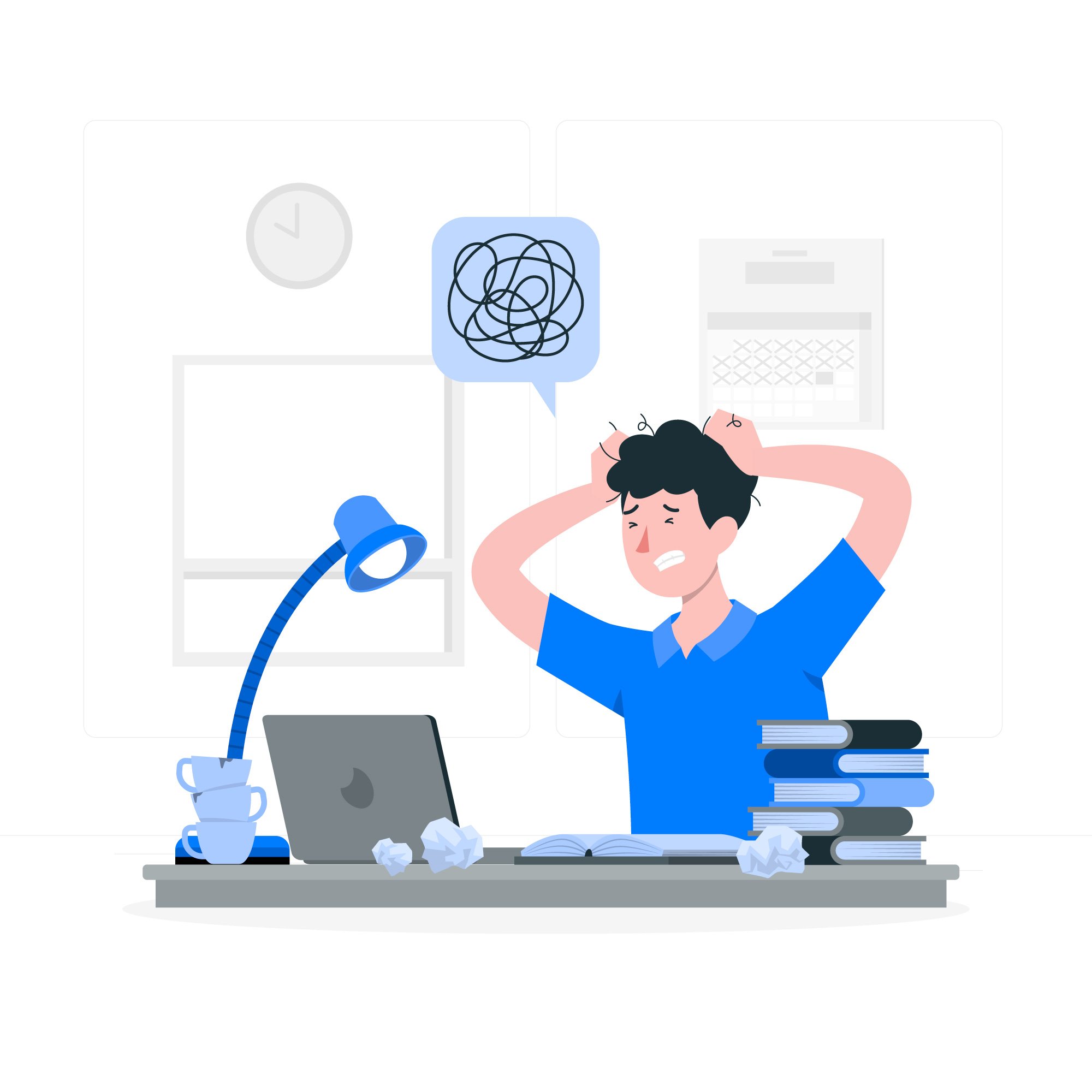 Frustrated person at a desk with a laptop, books, and crumpled papers, expressing stress or confusion. Thought bubble with scribbles.
