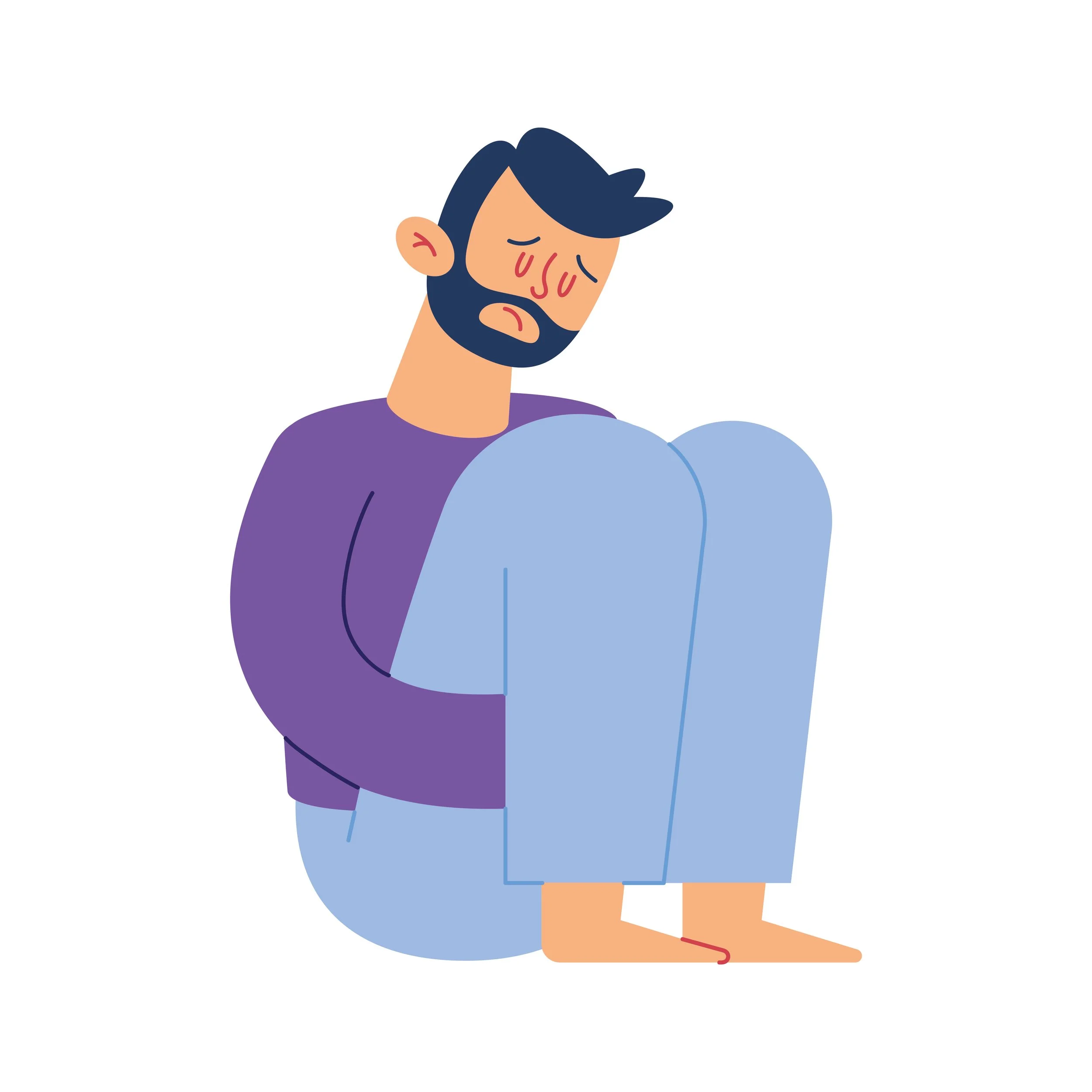 Illustration of a sad man sitting with knees bent, hugging them