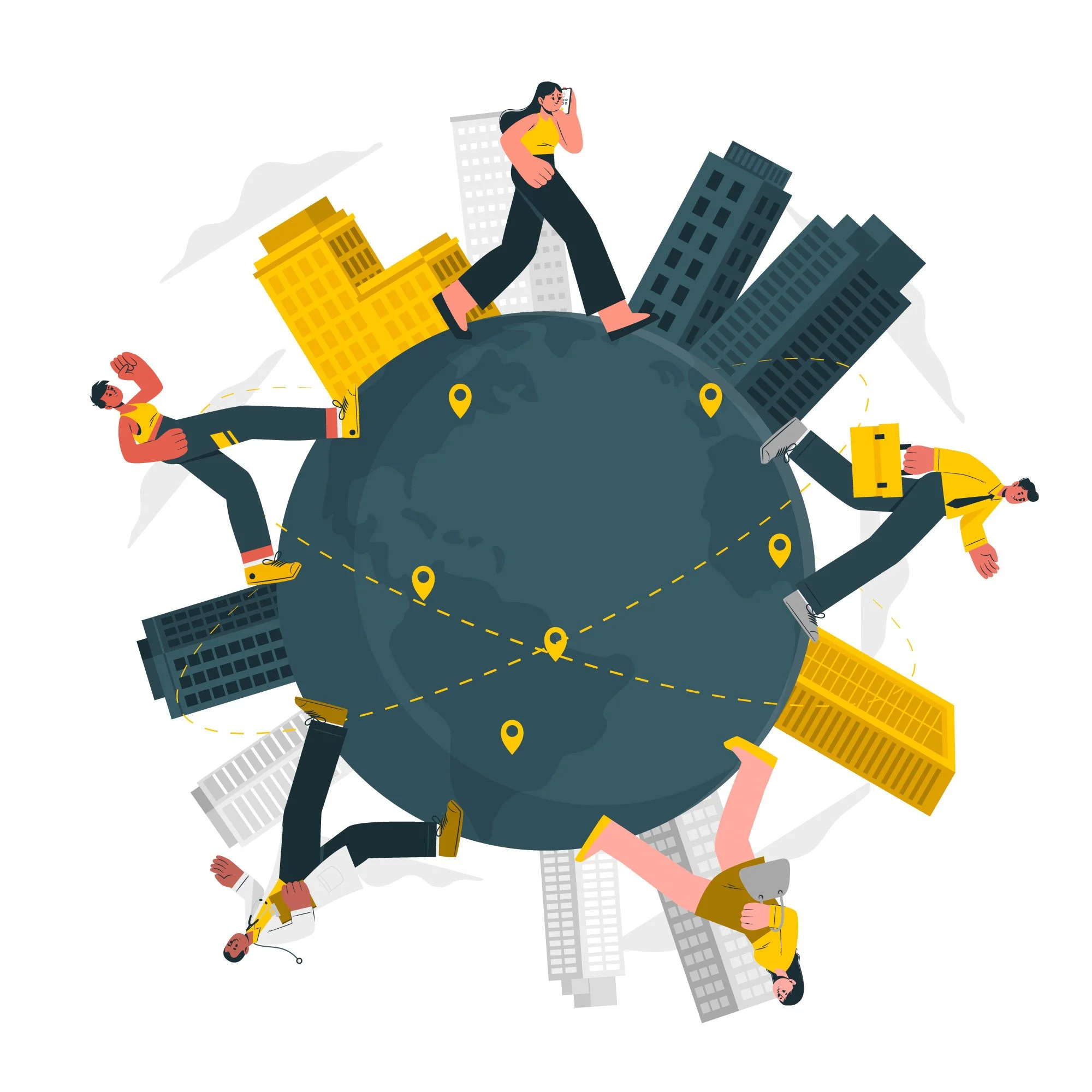 Illustration of diverse people walking around a globe with urban buildings and location pins, symbolizing global connectivity and communication.