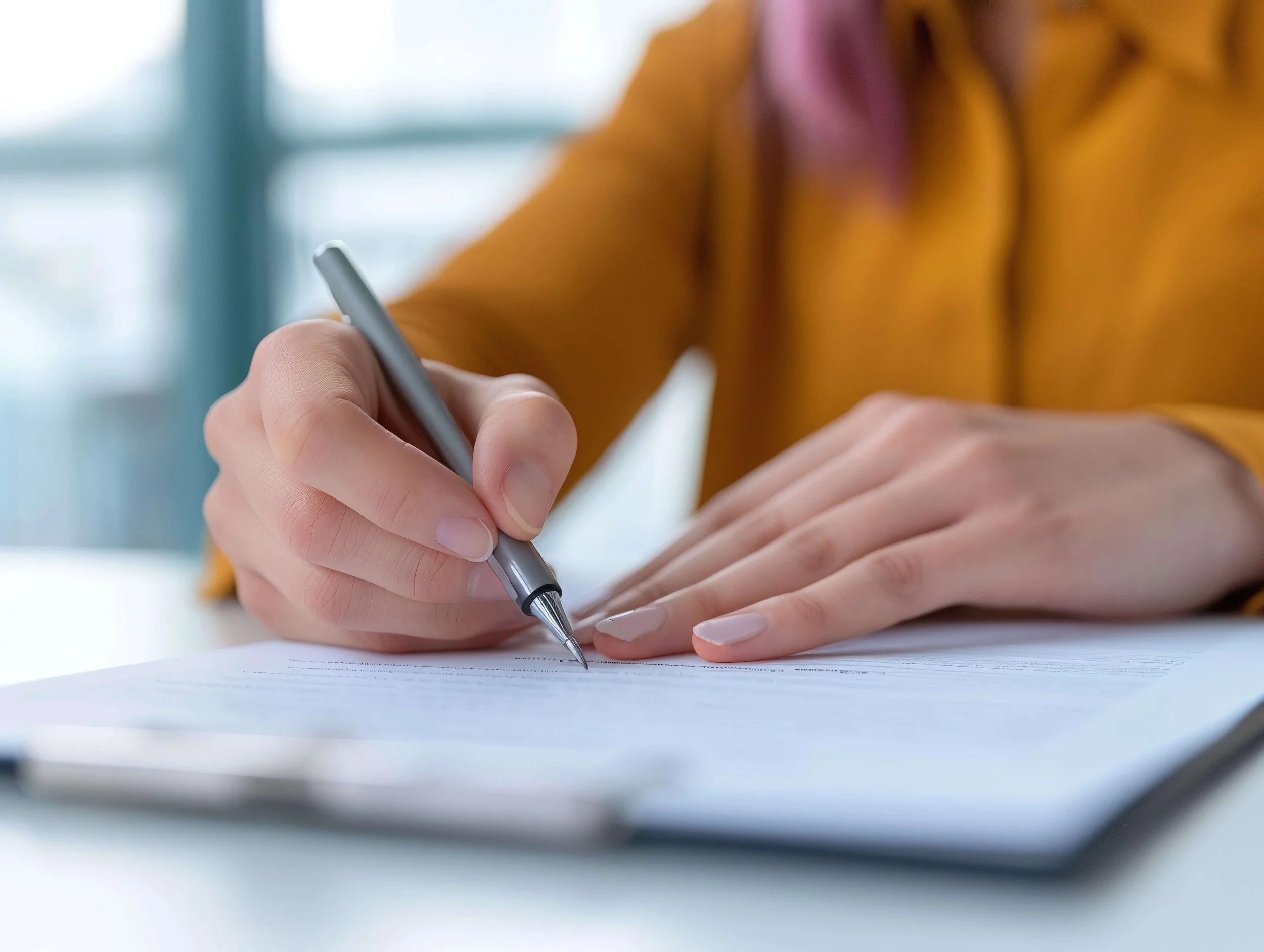 Person signing a document with a pen, wearing a mustard yellow shirt