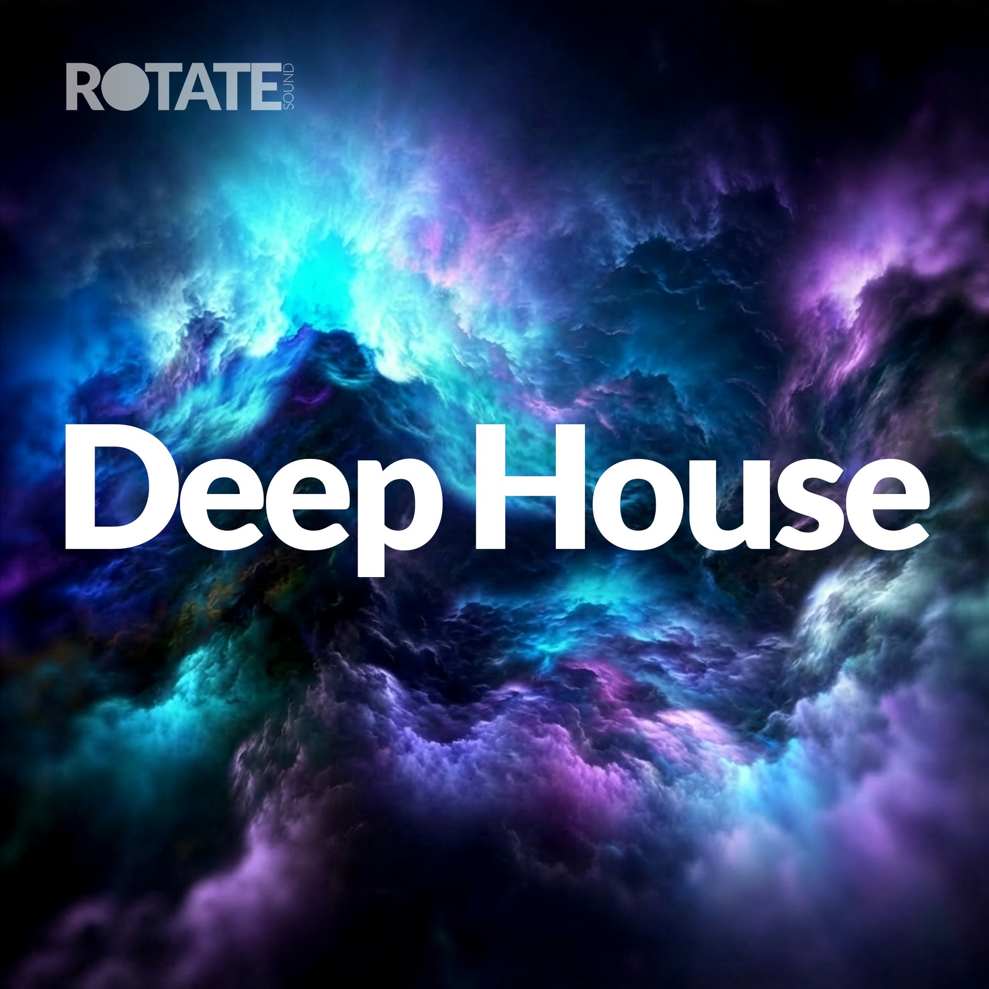 Colorful swirling nebula-like cloud in shades of blue, purple, and teal with the words 'Deep House' in large white font and 'ROTATE SOUND' in smaller font.