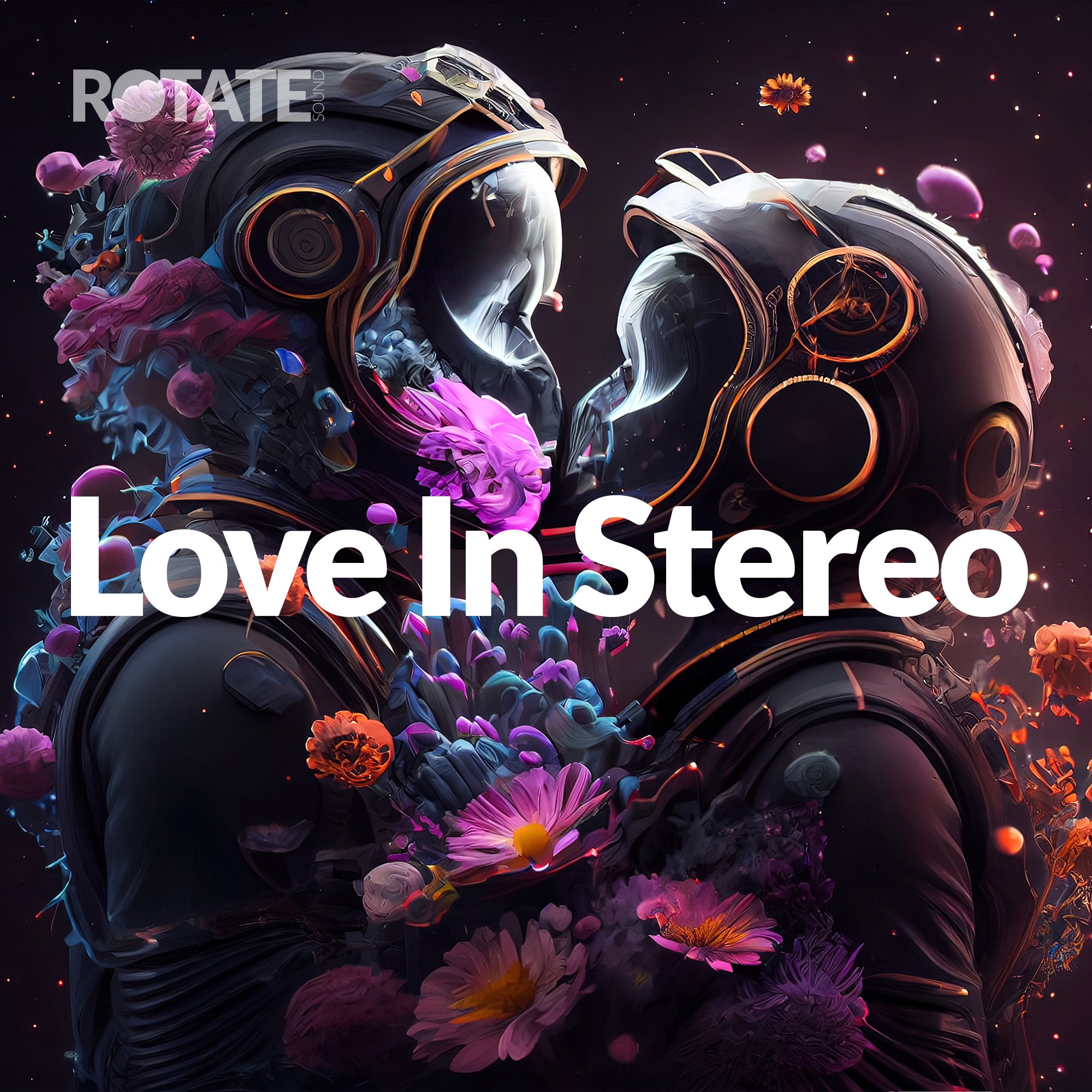 Digital artwork of two astronauts facing each other in space, surrounded by colorful flowers and floating petals, with the text "Love in Stereo" overlaid.