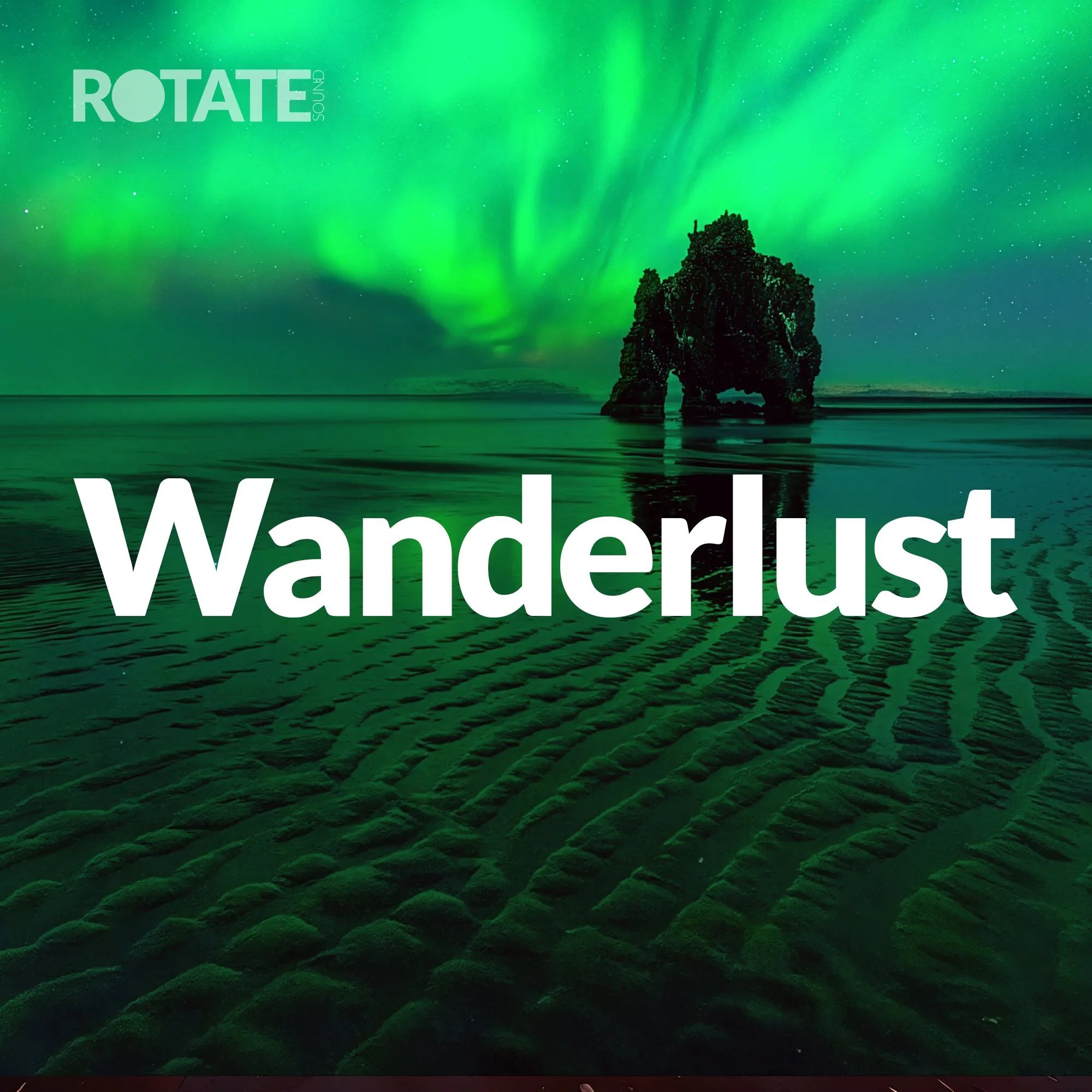 A natural landscape featuring the Northern Lights over a beach with sand patterns, a rock formation in the ocean, and a starry night sky.