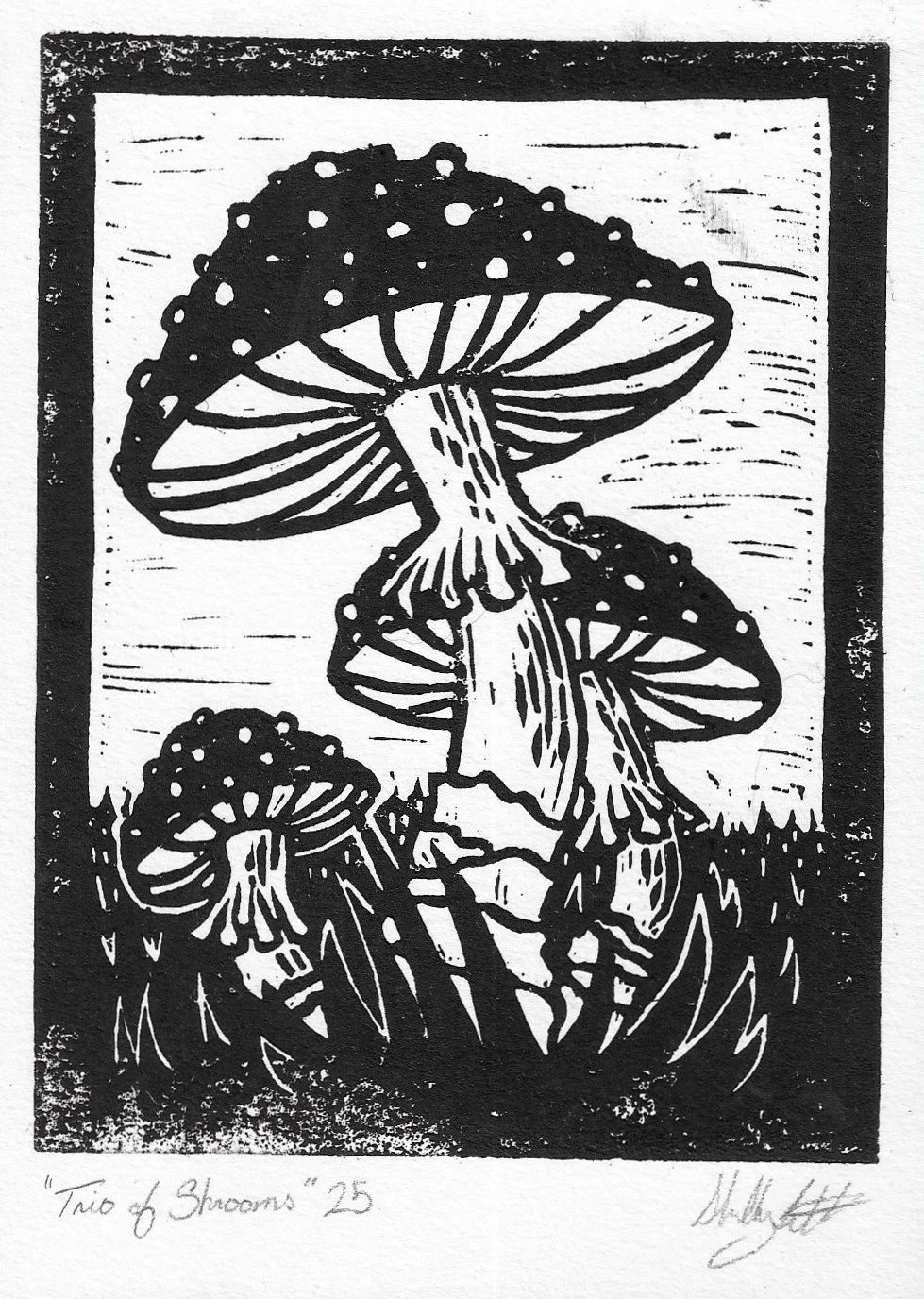 Trio of Shrooms, 2025: Linocut