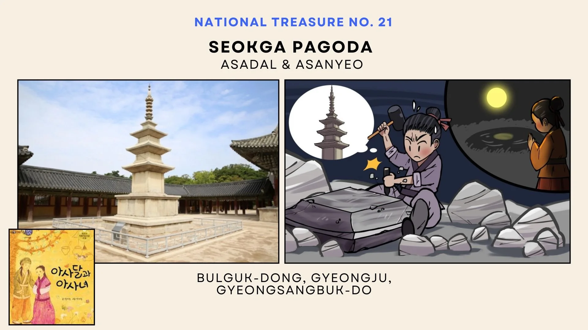 A collage of images highlighting the Seokga Pagoda, a historic stone pagoda located in Bulguk-Dong, Gyeongju, Gyeongsangbuk-Do. The left side shows a photograph of the stone pagoda behind traditional Korean buildings. The right side features a cartoo