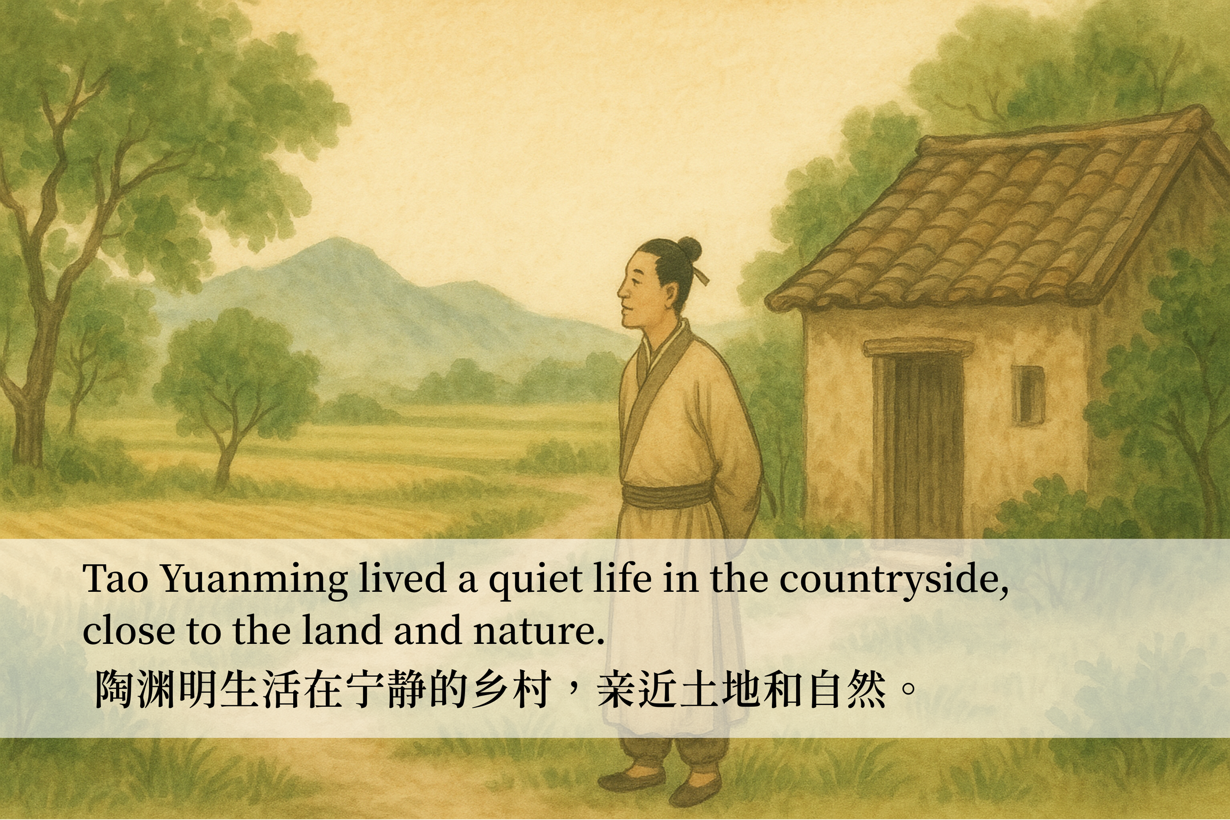 陶渊明生活在宁静的乡村，亲近土地和自然。 (1).webp