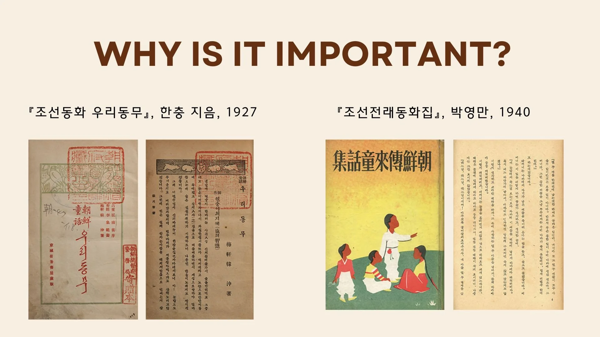 A presentation slide titled "Why Is It Important?" with historical Korean documents and a colorful illustration of a woman teaching children.