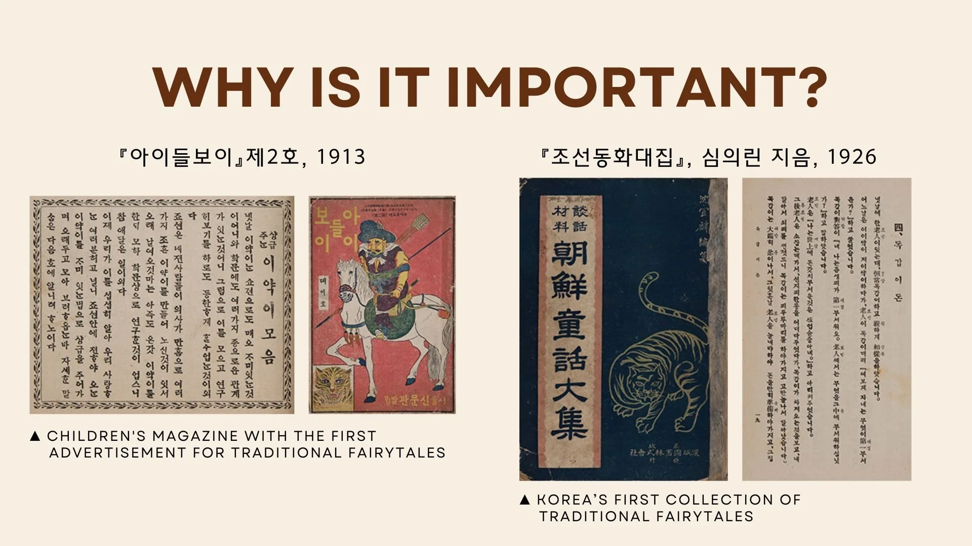 A presentation slide titled 'Why Is It Important?' displaying images of historical children's magazines and Korean fairy tales, with Korean text and captions about Korea's first collection of traditional fairy tales from 1926.