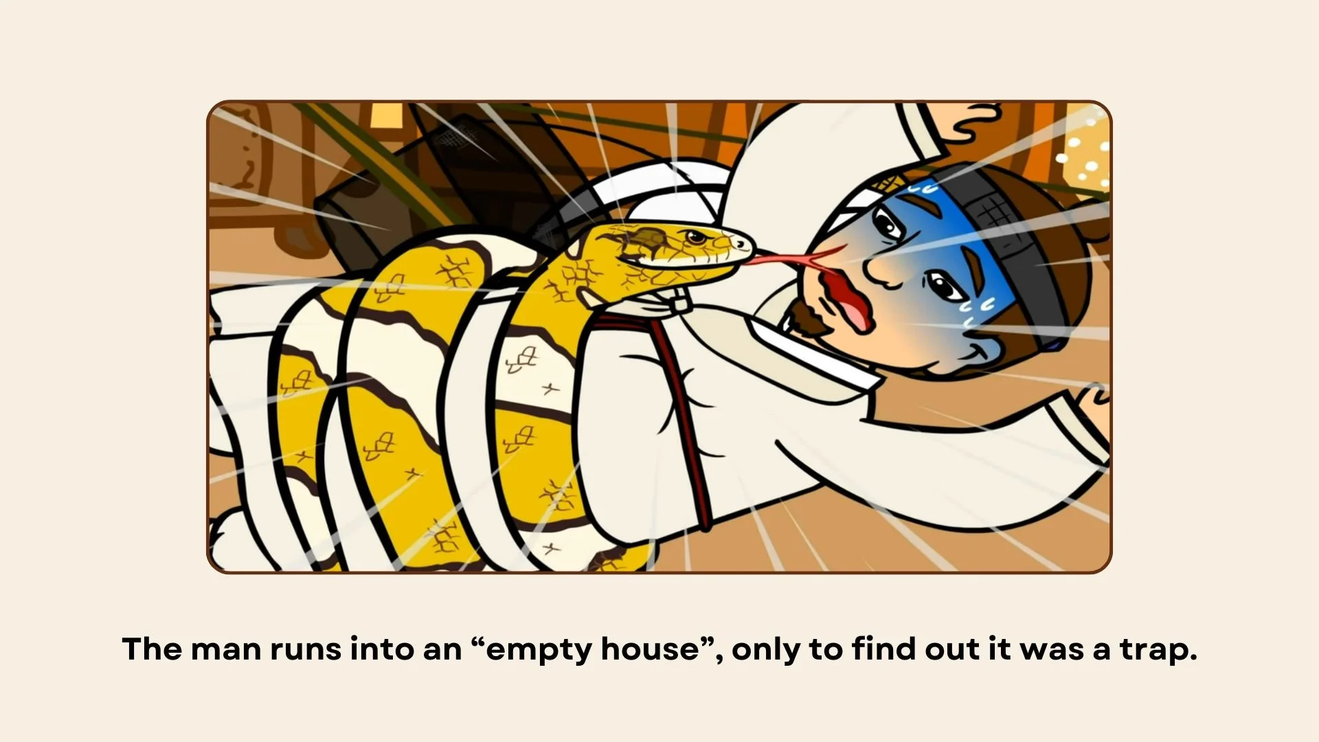 A cartoon man dressed as a ninja with a snake on him, lying on the ground and looking surprised while the snake spits a red tongue at his face. The background is wood panelling.