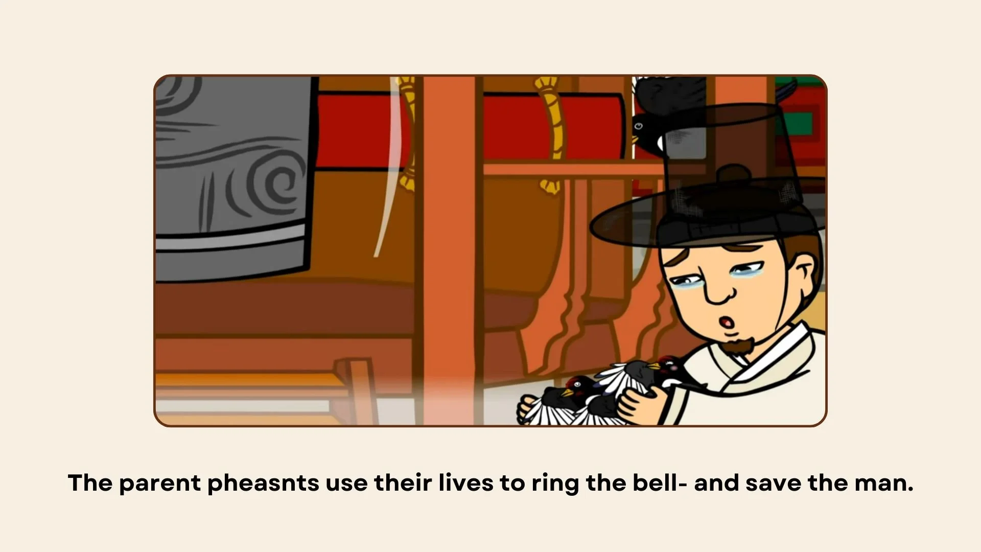 A cartoon scene of a man dressed as a wizard with a tall black hat sitting with bird-like creatures in a room with wooden furniture and an empty speaker in the background. The man looks tired or sad.