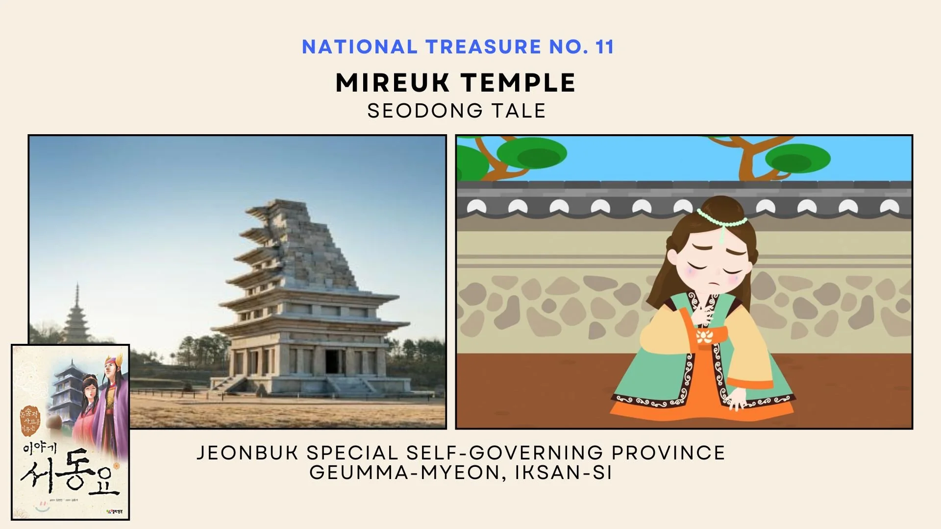 A graphic highlighting the Mireuk Temple, a historical site in South Korea, with a photo of the temple on the left and an animated character of a girl in traditional Korean clothing bowing in prayer on the right.