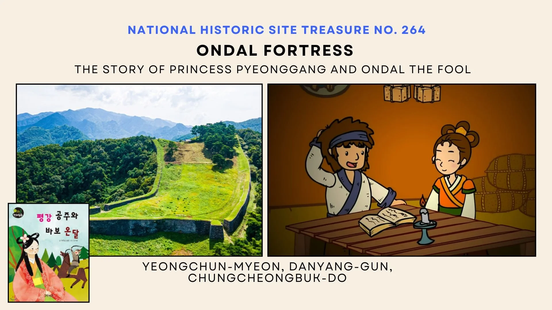 A sign highlighting the Ondal Fortress, a historic site in Chungcheongbuk-do, South Korea, with a photo of the fortress ruins and a cartoon illustration of two characters in traditional Korean attire at a table.