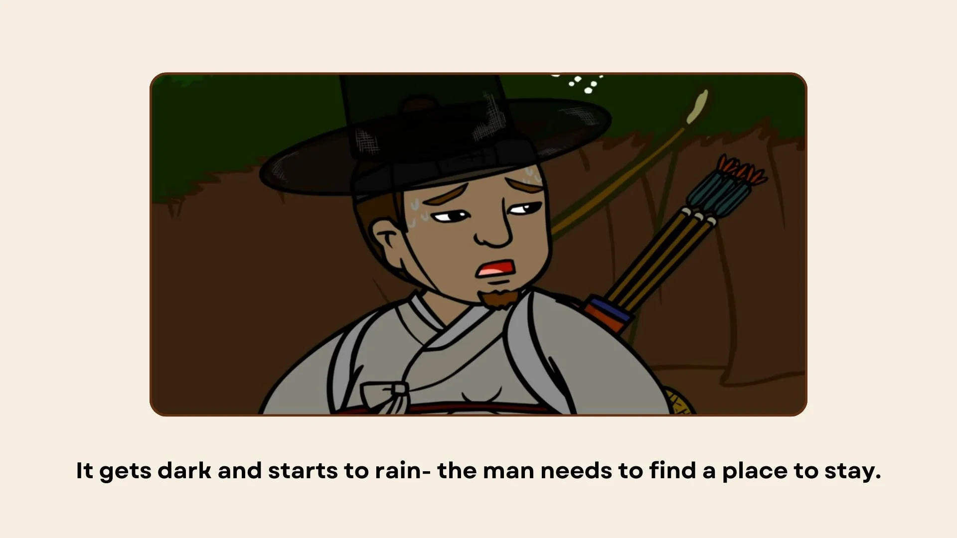 A cartoon man dressed as an archer with a wide-brimmed hat and quiver of arrows on his back, looking tired and sweating, standing in the rain as it gets dark.