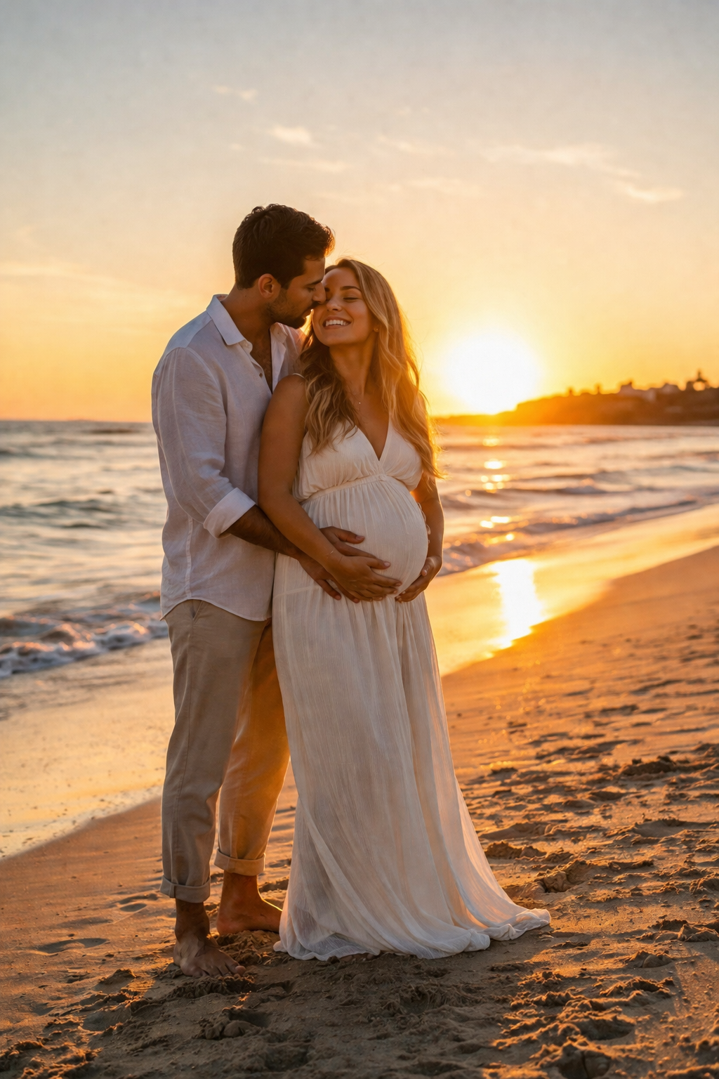 A pregnant woman in a white dress and her partner, standing on the beach during sunset, with the man tenderly placing his hands on her belly and kissing her forehead.