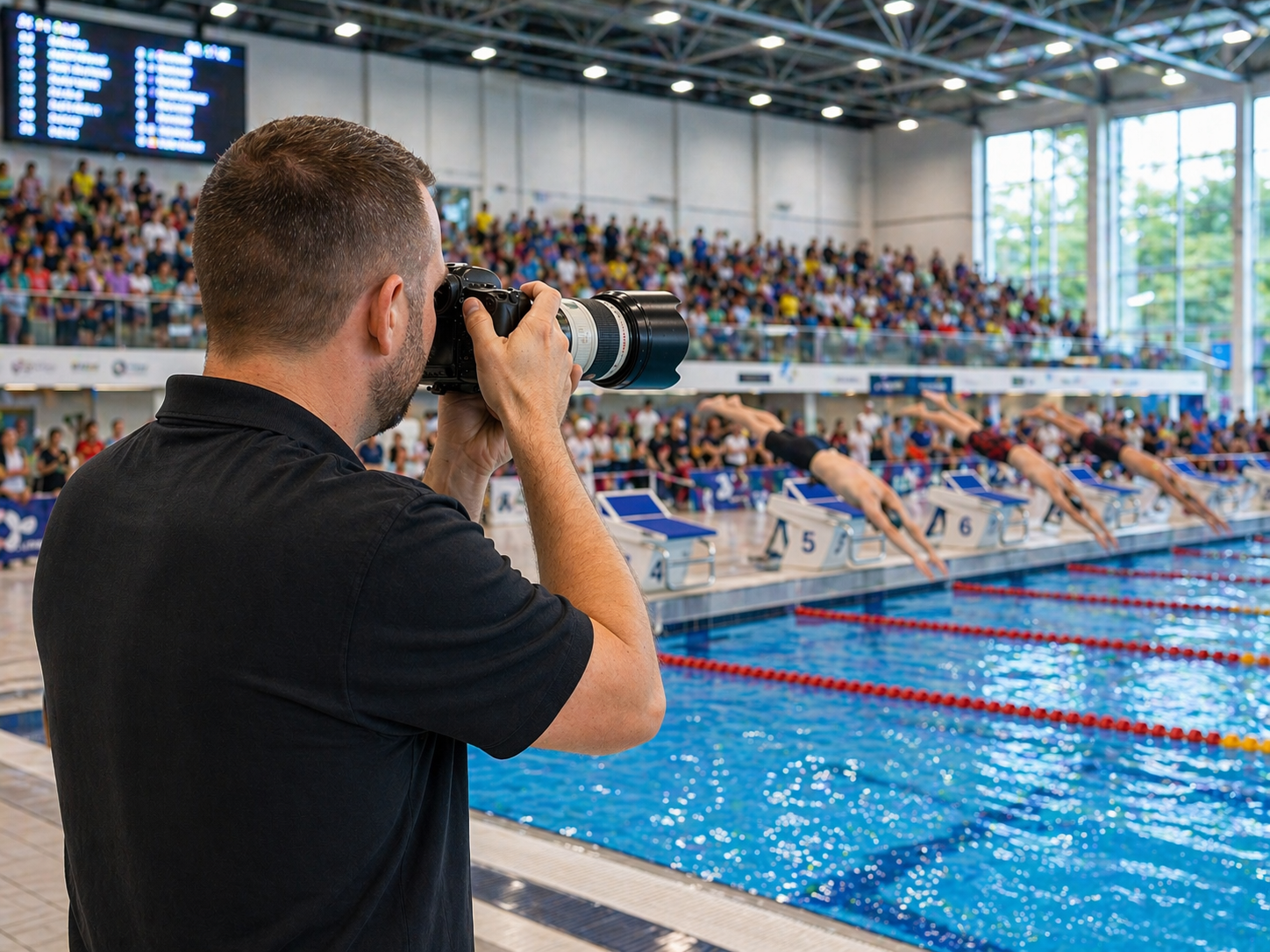 A man with a beard and black T-shirt taking a photograph with a professional camera at an indoor swimming competition, with swimmers diving into the pool and a large audience in the background.