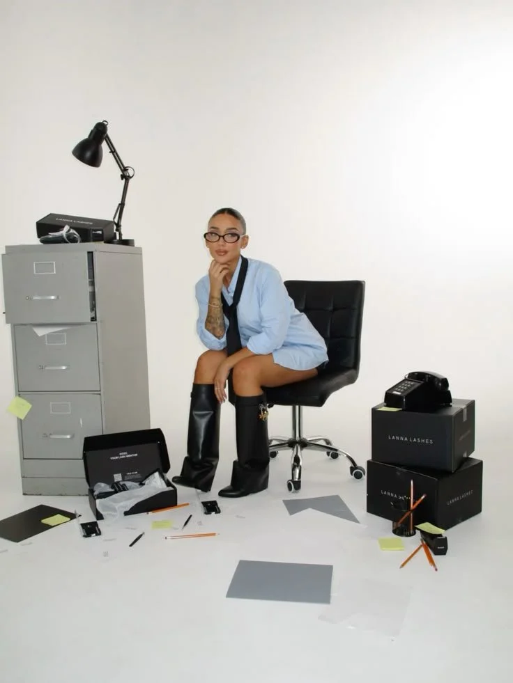 Femme assise sur une chaise de bureau, portant une chemise bleue et des bottes noires. Elle est entourée de boîtes, papiers et fournitures de bureau dispersées au sol. Un classeur gris et une lampe sont visibles à gauche, et des boîtes noires avec un téléphone dessus sont à droite.