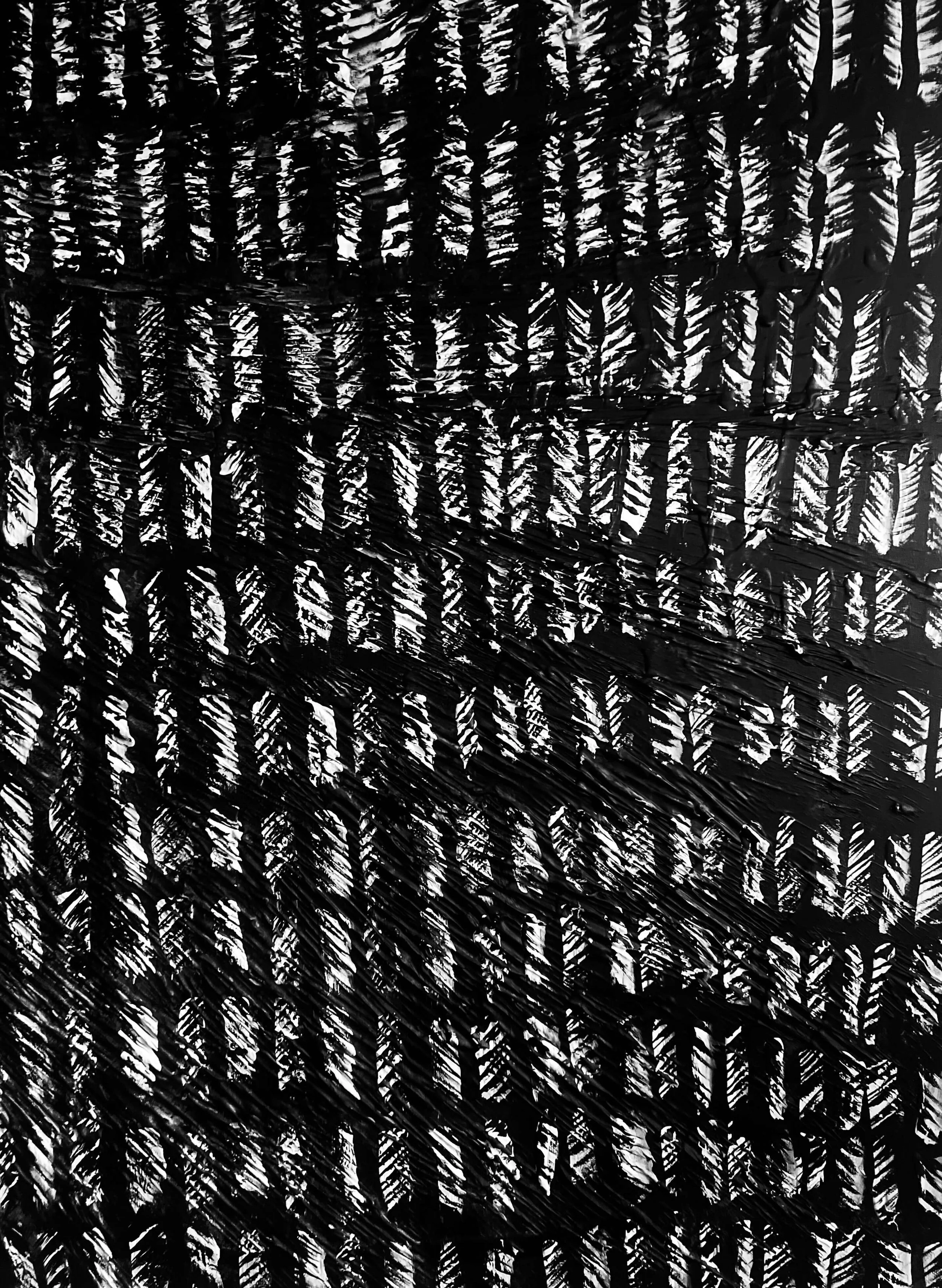 Stillness abstract painting detail highlighting layered black brushwork and structured grid-like texture on canvas