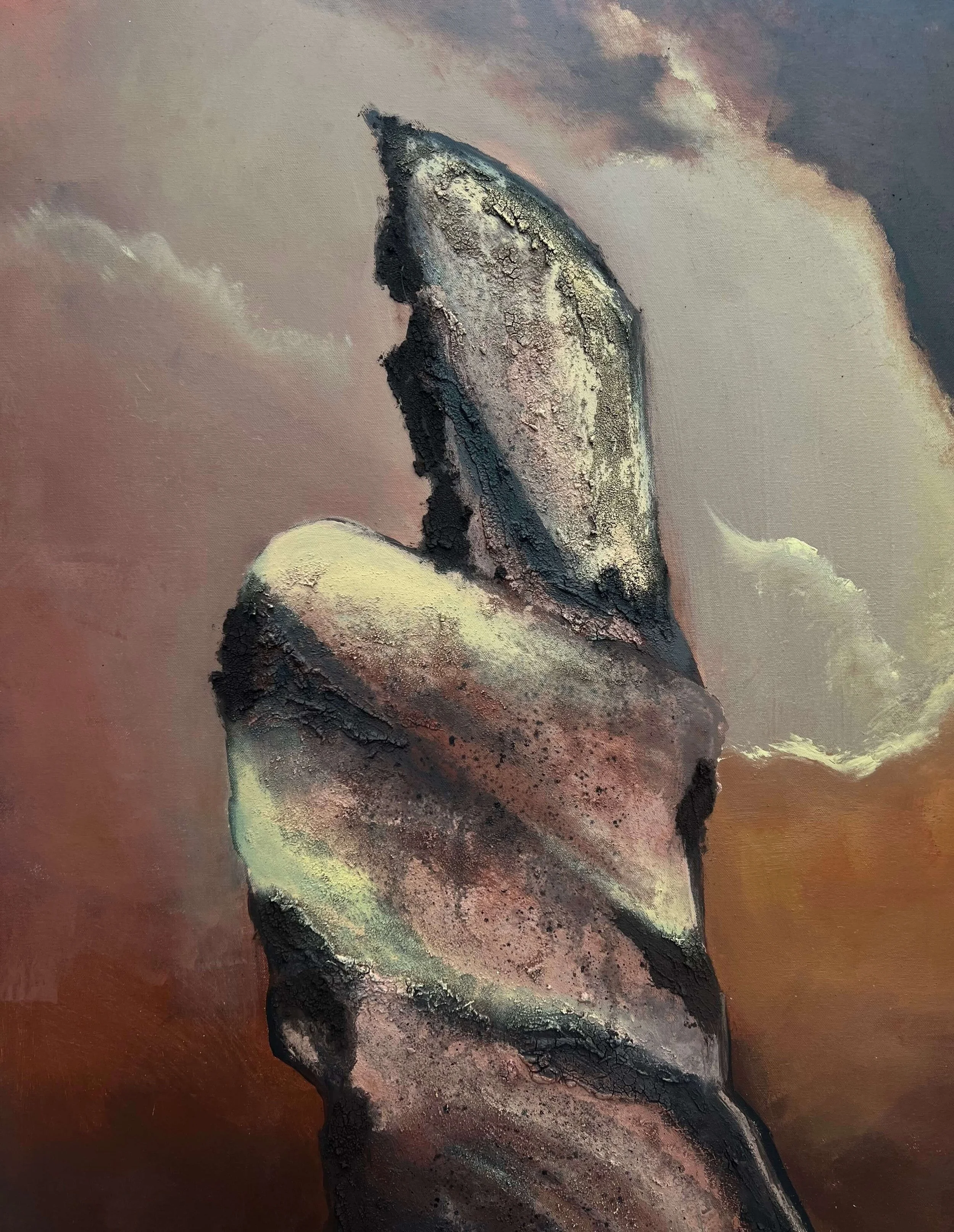 Whisper abstract painting with textured cliff-inspired form in soft peach and muted earth tones