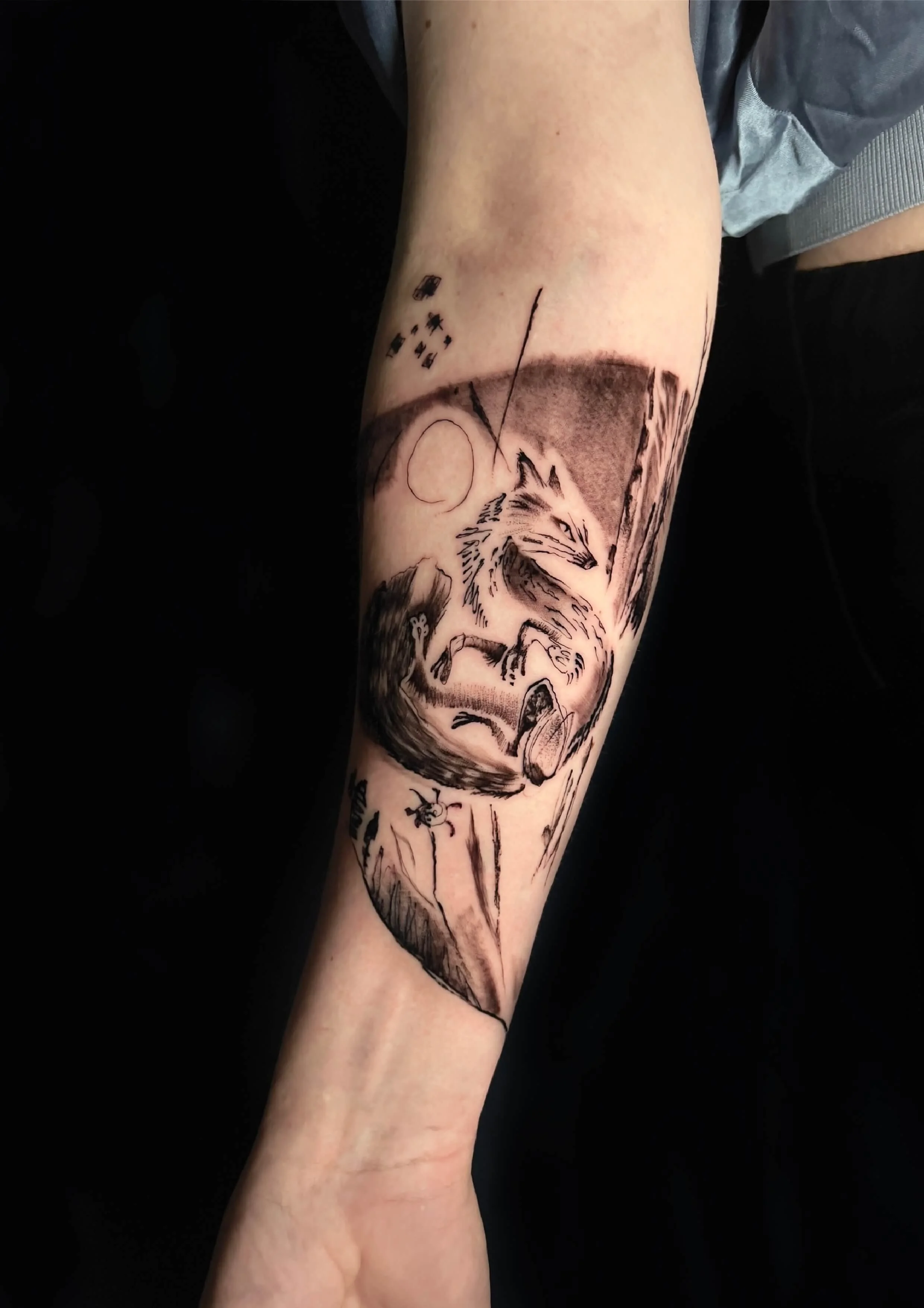 Contemporary fox and moon design with abstract black ink detailing.