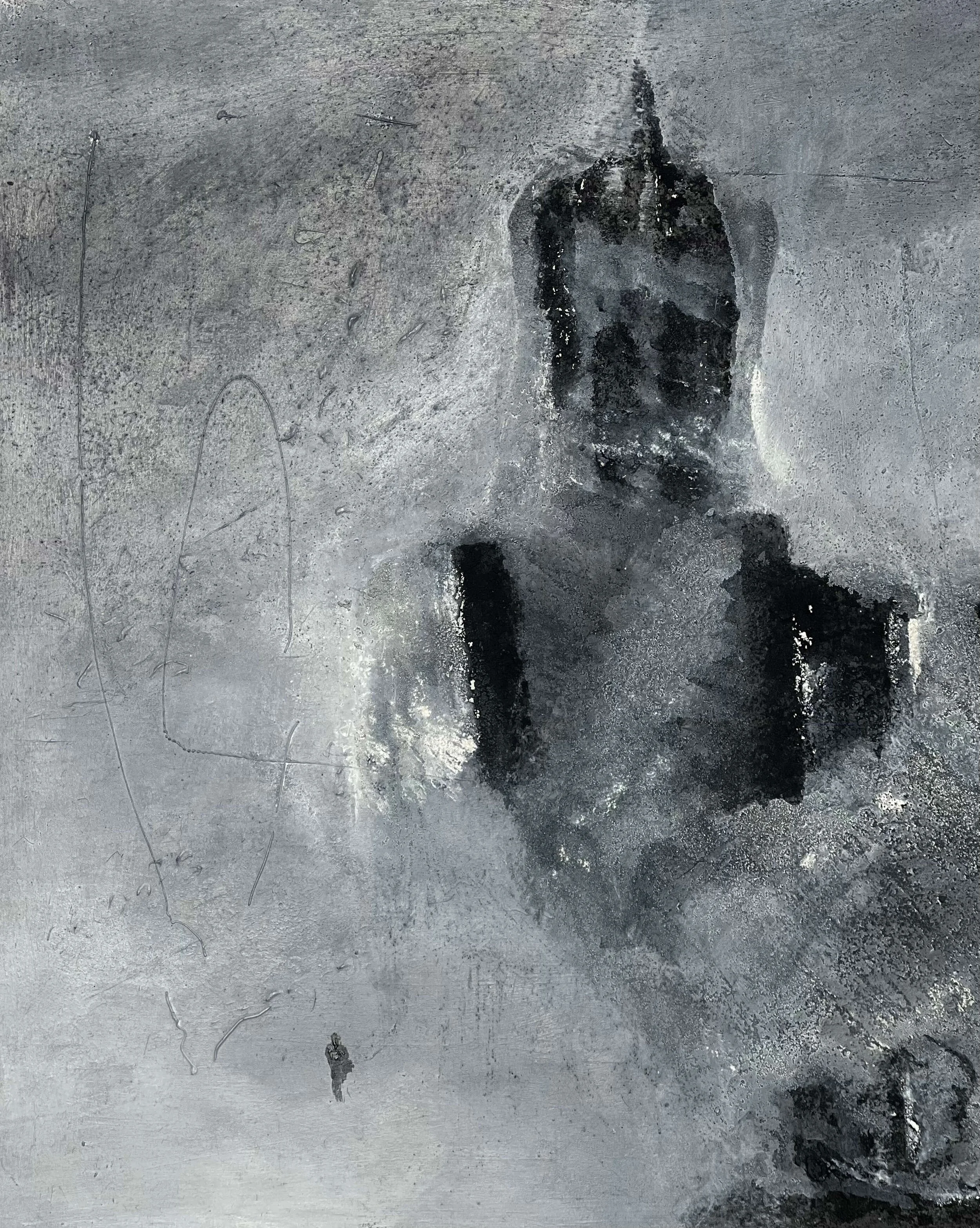 Silent Vessel abstract painting detail highlighting textured brushwork and atmospheric monochrome composition