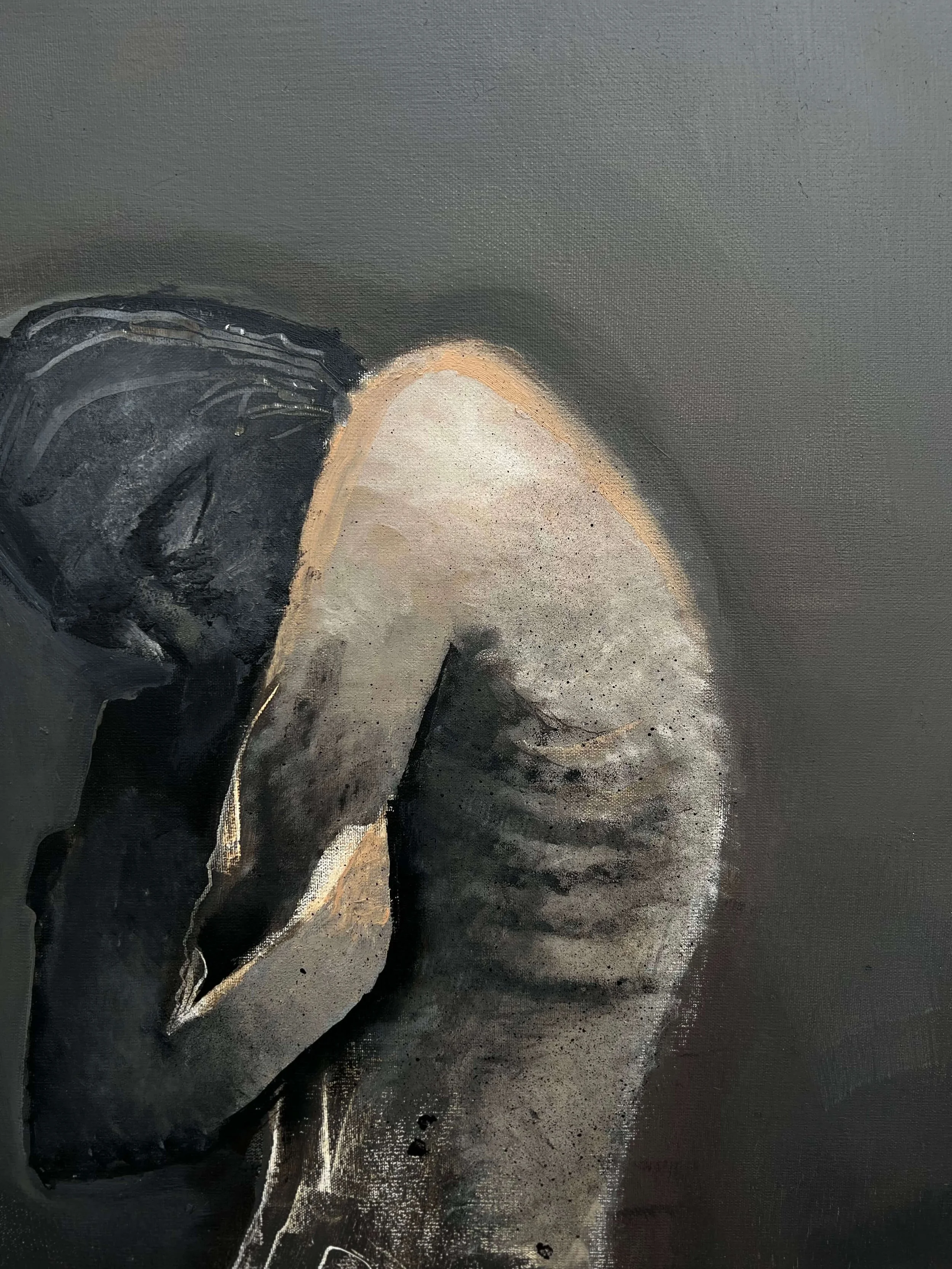 Detail of Alienated abstract painting showing textured surface and curved human figure, contemporary art by London-based artist