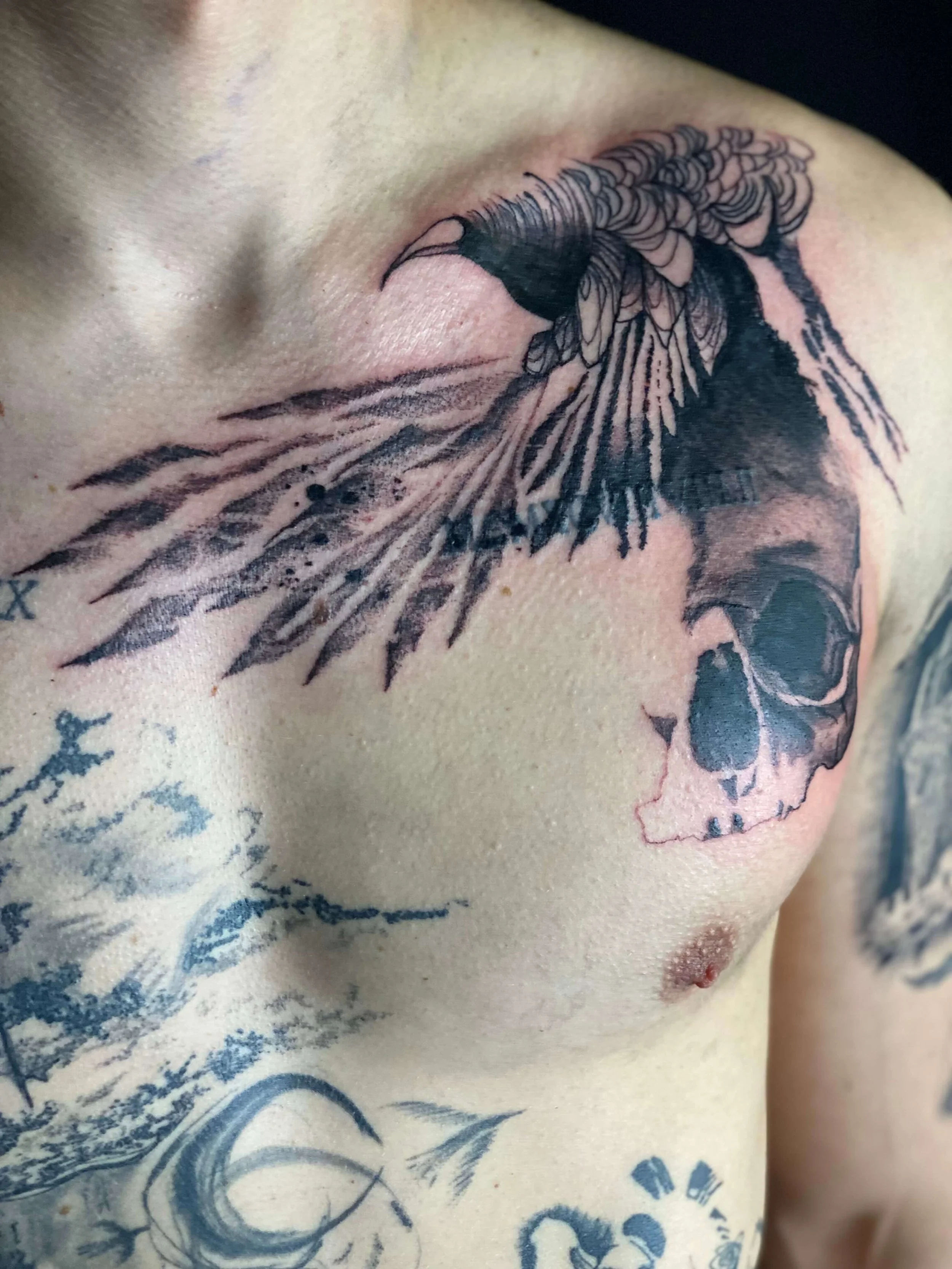 Contemporary skull and bird tattoo with layered black ink shading.