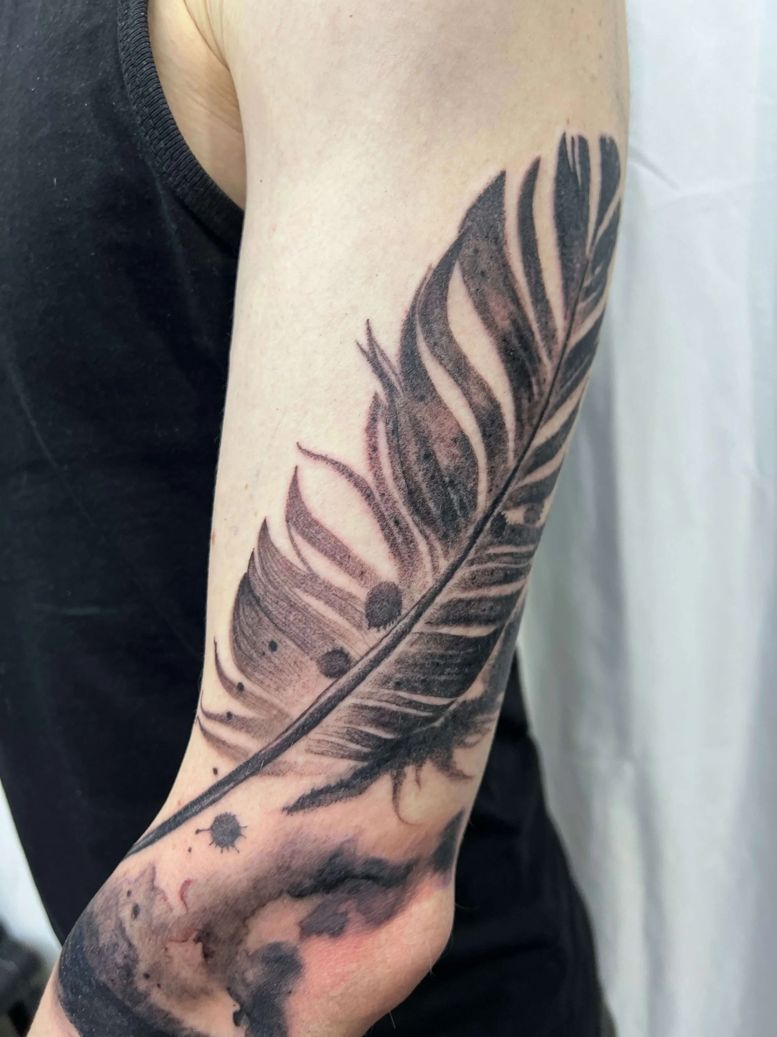 Black and grey feather tattoo in fine line illustrative style.