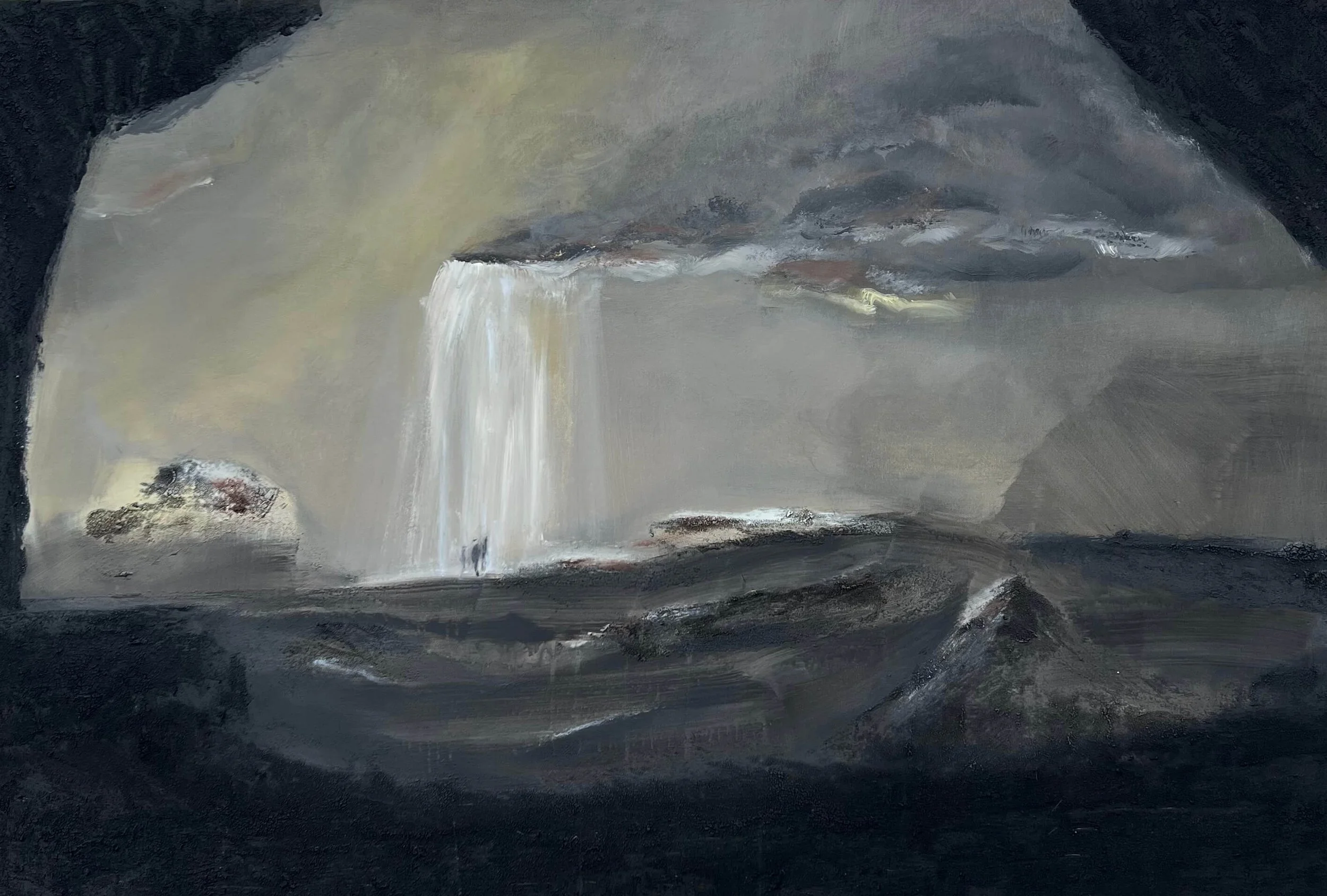 Monumentality contemporary abstract painting, textured grey and blue landscape with waterfall, original artwork by London artist