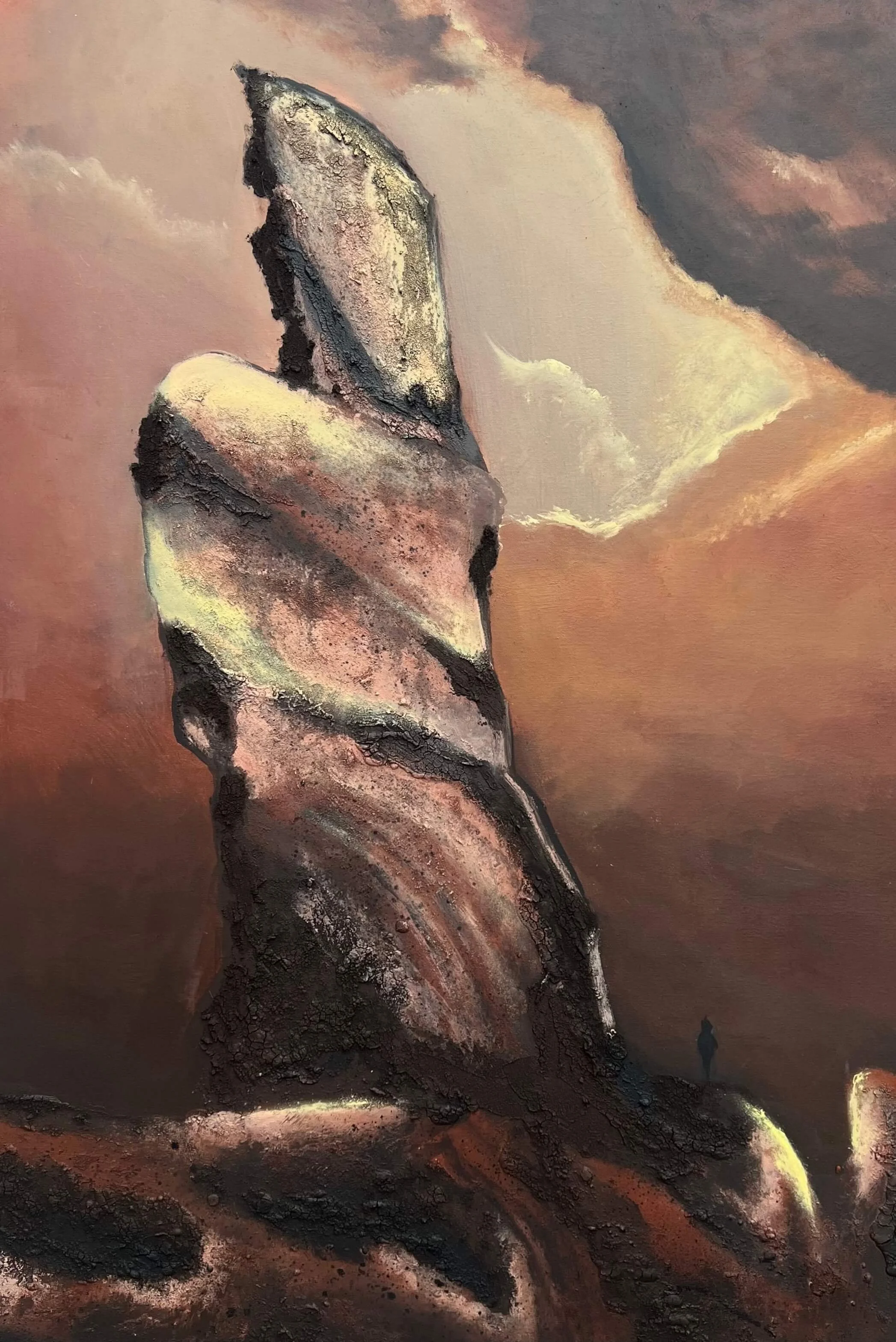 Whisper contemporary abstract painting featuring a vertical rock-like form against a warm atmospheric sky, original artwork by London artist
